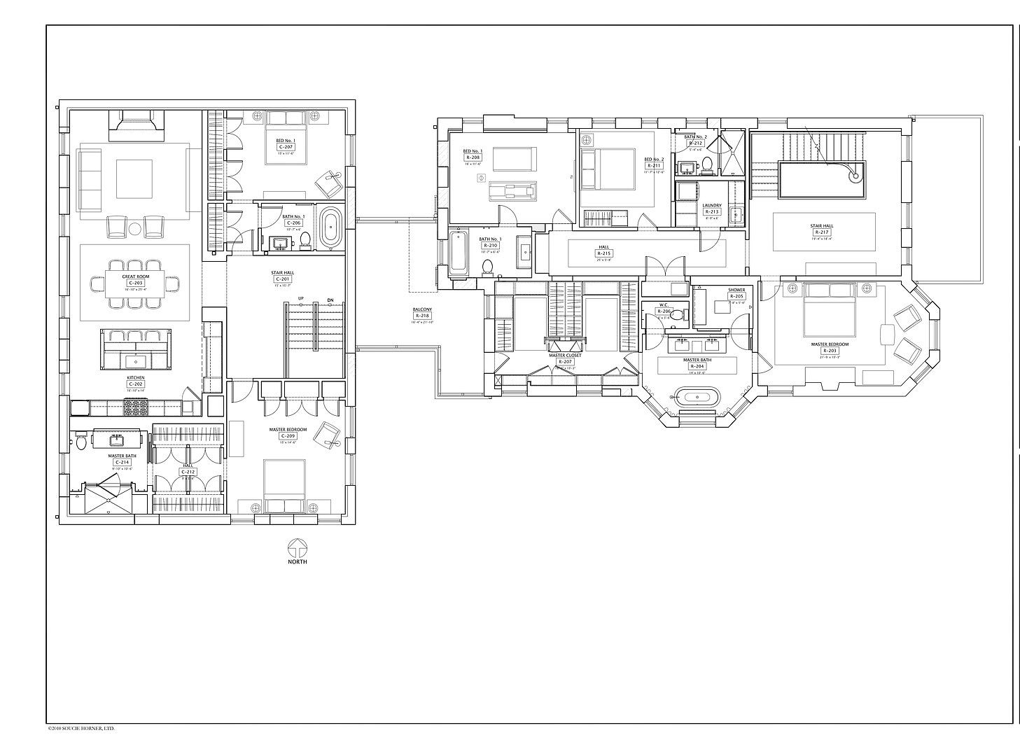 This image showcases a detailed floor plan of a multi-story house, outlining the layout of rooms such as the great room, kitchen, bedrooms, bathrooms, and stair halls. The plan includes dimensions and labels for each space, providing a comprehensive overview of the property's structure and spatial arrangement. The architectural drawing style emphasizes functionality and clarity for potential buyers.