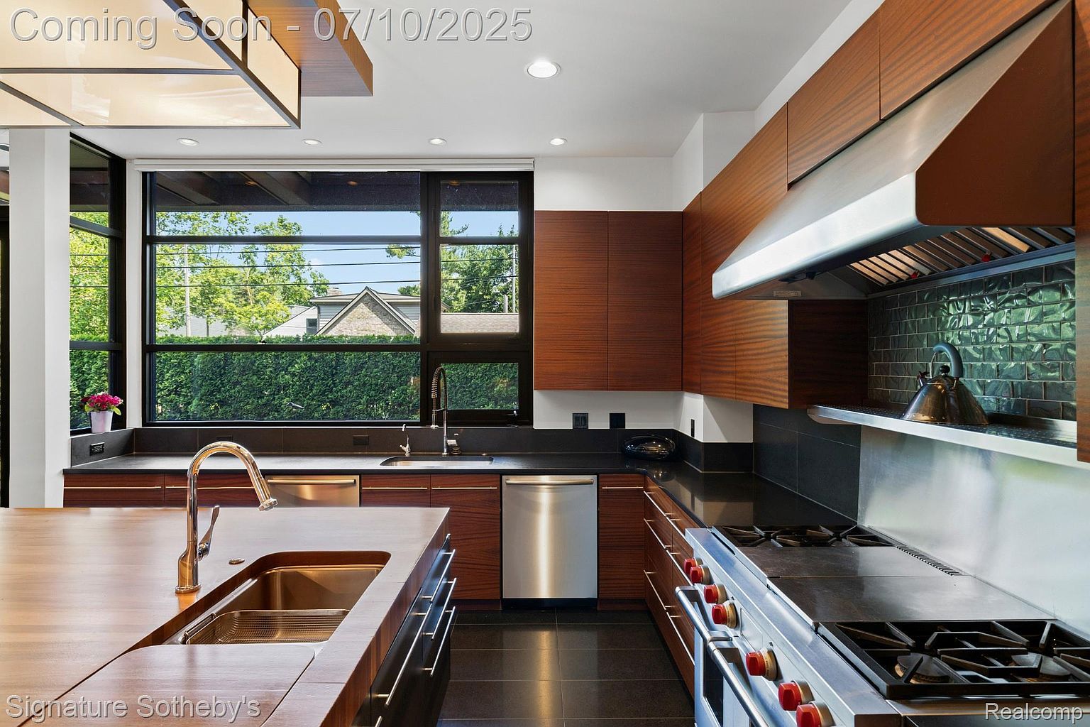 This is a modern kitchen featuring sleek, dark wood cabinetry and black countertops. Stainless steel appliances, including a dishwasher and a professional-grade range, add a touch of luxury. A large window provides natural light and a view of the outdoors, while the overall design emphasizes clean lines and functionality.