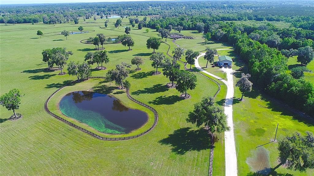 This aerial view showcases a sprawling estate with lush green pastures dotted with mature trees and several ponds. A long driveway leads to a barn-like structure, suggesting a rural or equestrian property. The landscape is well-maintained, creating a serene and picturesque setting.