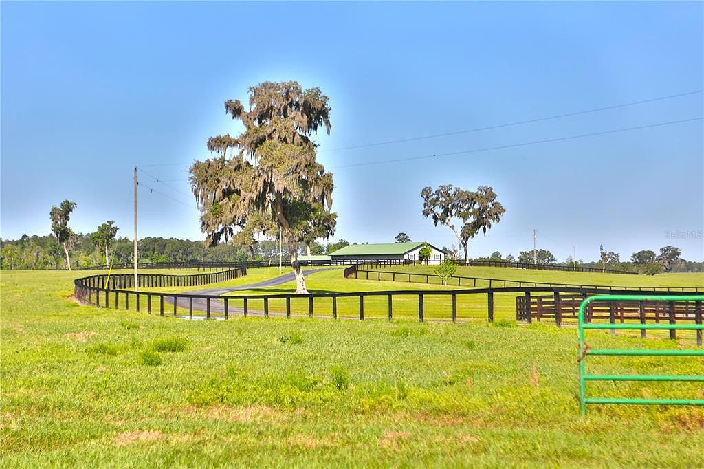 This image showcases a sprawling yard with a well-maintained lawn, bordered by a dark wooden fence. A winding driveway leads to a building with a green roof in the distance, framed by mature trees. The scene evokes a sense of tranquility and spaciousness, highlighting the property's expansive outdoor area.