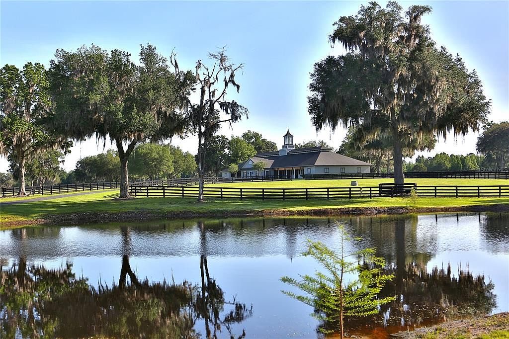 This image showcases a picturesque yard with a serene pond reflecting the surrounding trees and a charming building in the background. A black wooden fence encloses the property, adding to the estate-like feel. The lush green lawn and mature trees draped with Spanish moss create a tranquil and inviting atmosphere.