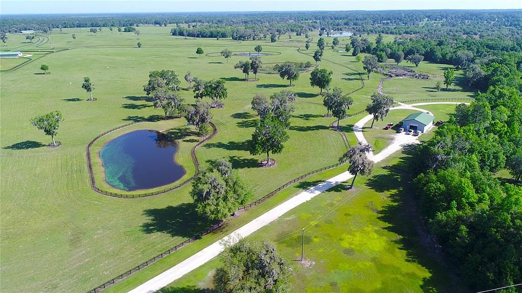 This aerial view showcases a sprawling estate with lush green pastures dotted with mature trees and a serene pond. A long driveway leads to a large outbuilding, possibly a barn or workshop, with ample parking. The property is bordered by dense woods, offering privacy and a sense of seclusion.