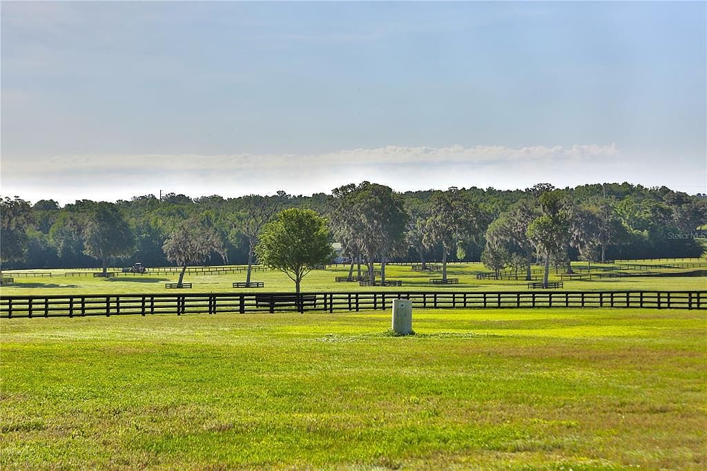 The image showcases a sprawling green yard with a dark wooden fence in the foreground, leading to a picturesque landscape featuring mature trees and a distant treeline under a clear sky. The well-maintained lawn and the orderly fence suggest a meticulously cared-for property, creating an inviting and serene atmosphere. The perspective is a wide shot, emphasizing the vastness of the land.