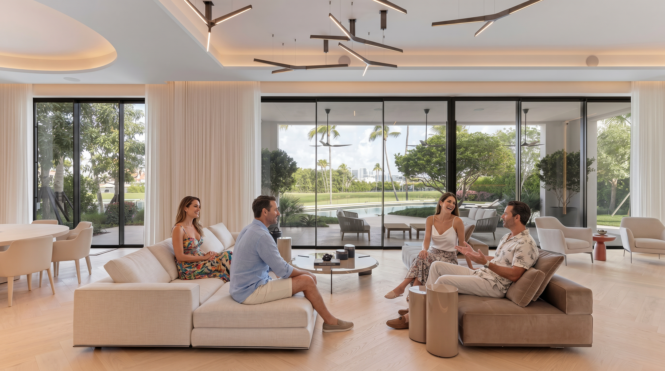 This expansive, modern living room features a sophisticated open-concept design with light-toned herringbone wood flooring and floor-to-ceiling glass walls that seamlessly connect to a lush outdoor patio and pool area. The space is anchored by two large, plush modular sofas in neutral tones, centered around a sleek circular coffee table, all illuminated by striking, contemporary branch-like light fixtures. The overall aesthetic is one of refined luxury, emphasizing natural light, clean lines, and a harmonious indoor-outdoor flow.