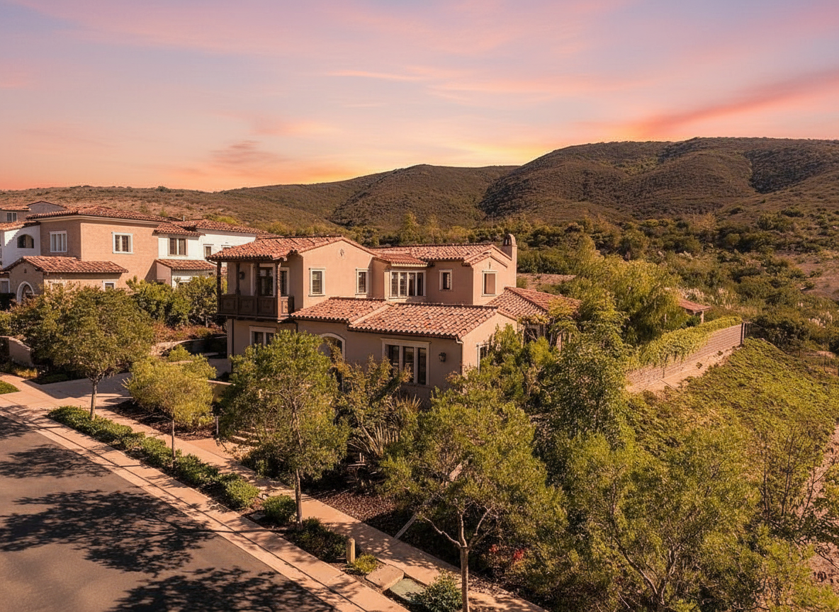 This is a charming front view of a multi-story residence showcasing a Mediterranean-inspired design with a red tile roof and a stucco exterior. Lush landscaping surrounds the home, enhancing its curb appeal and inviting atmosphere. The property is situated against a backdrop of rolling hills, providing a scenic and desirable setting.