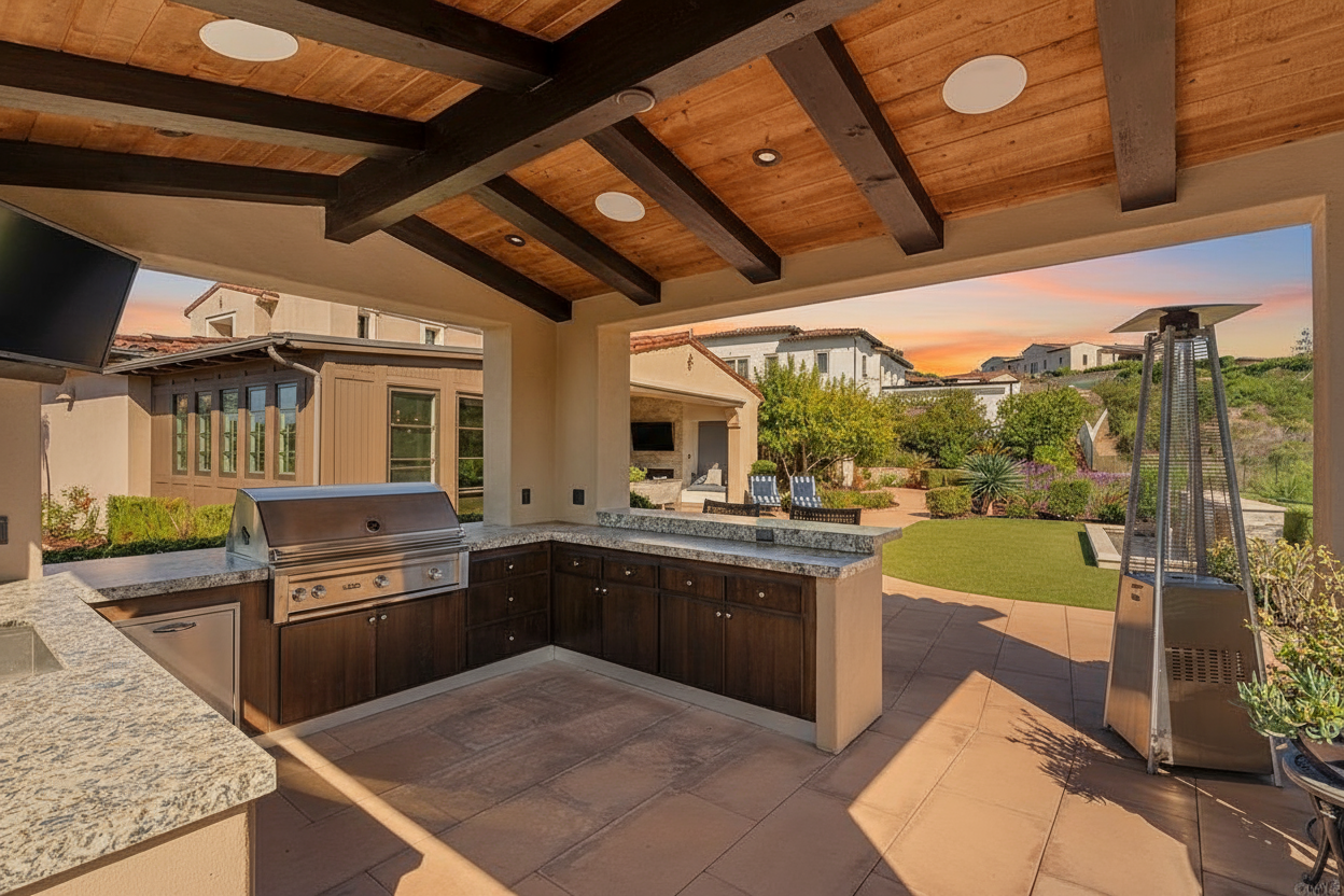 This image showcases a beautifully designed outdoor kitchen and patio area, perfect for entertaining. The space includes a built-in grill, ample counter space, and dark wood cabinetry. A patio heater suggests year-round usability, while the manicured lawn and landscaped garden offer a serene backdrop.