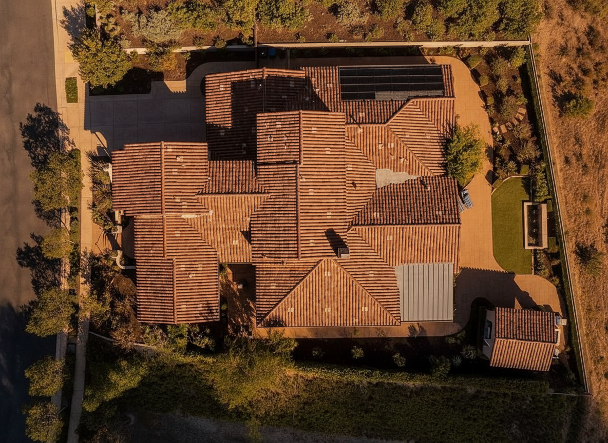This aerial shot features a large, multi-sectioned home with a terracotta tile roof. The property includes a well-manicured yard with lush landscaping, a long driveway, and potentially solar panels on the roof - adding to the home's appeal and value. The image showcases the scale and layout of the property within its overall setting.
