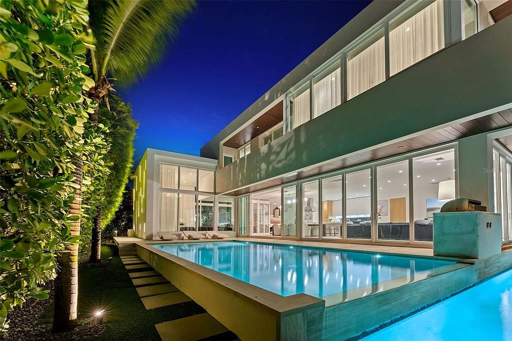 This stunning modern luxury home features a sleek, multi-level architectural design with expansive floor-to-ceiling glass walls that seamlessly connect the interior living space to a pristine, illuminated swimming pool. The scene is captured at twilight, highlighting the warm interior lighting against the deep blue sky and the lush, manicured landscaping. The overall impression is one of sophisticated, high-end contemporary living perfect for evening entertaining.