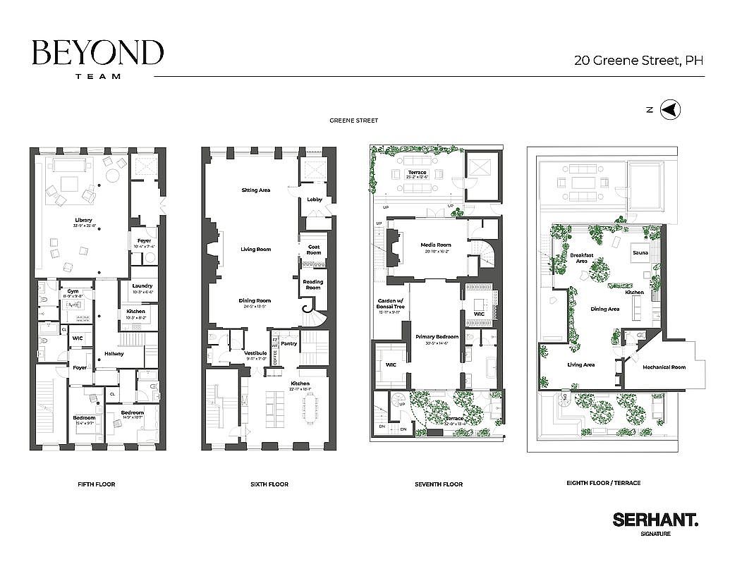 This image showcases the floor plans for a multi-story residence, including the fifth, sixth, seventh, and eighth floors/terrace. Each floor plan details the layout of rooms such as the library, living room, bedrooms, kitchen, and outdoor spaces like terraces, providing a comprehensive view of the property's structure and design.
