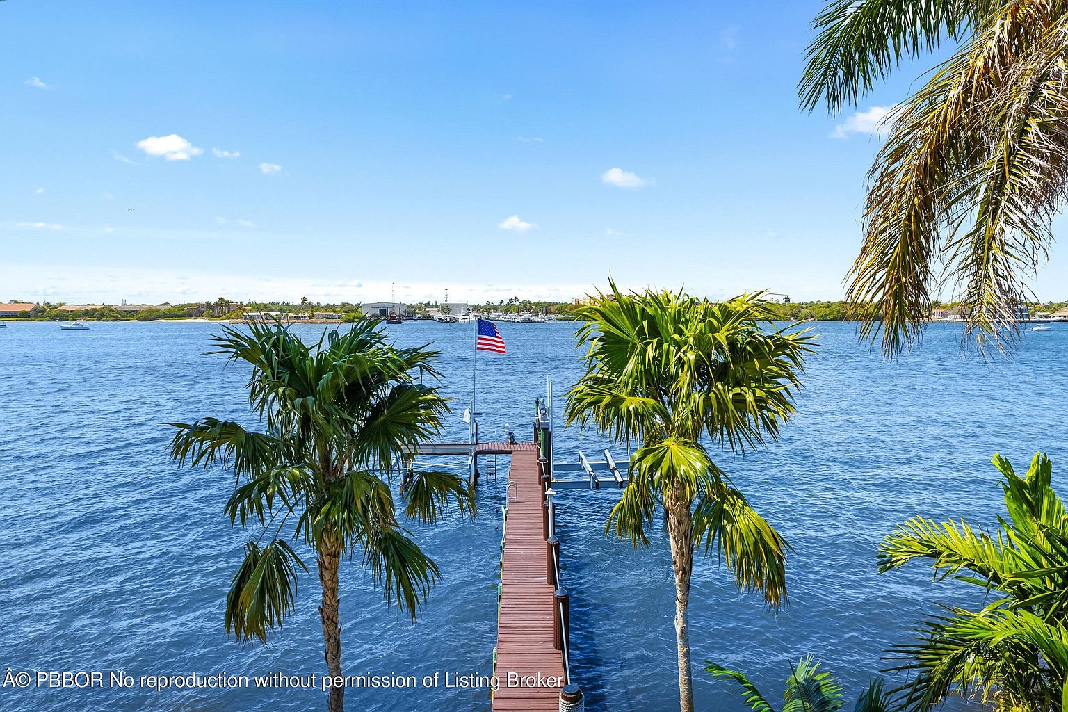 This exterior shot showcases the rear of a waterfront property, featuring a private wooden dock extending into the water. Palm trees frame the view, adding a tropical touch, while an American flag waves at the end of the dock. The scene conveys a sense of tranquility and private waterfront living.