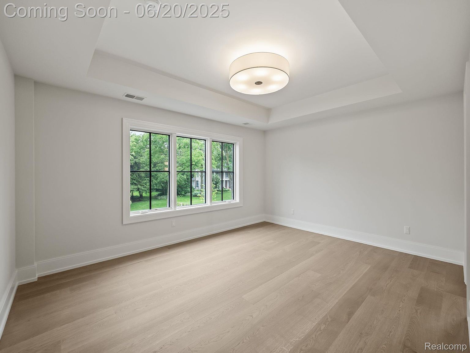 This is a bright and airy primary bedroom featuring light hardwood floors, white walls, and a large window offering a view of the outdoors. The room has a tray ceiling with a modern light fixture, creating a spacious and elegant feel. The overall impression is clean, minimalist, and inviting.