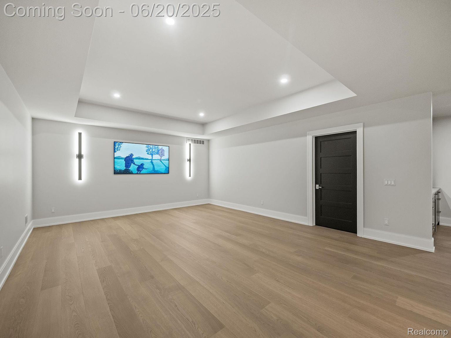 This is an interior shot of a modern living room featuring light wood flooring and neutral-colored walls. A flat-screen television is mounted on the wall between two vertical light fixtures. A dark-colored door is visible on the right side of the room, adding a contrast to the light color scheme.