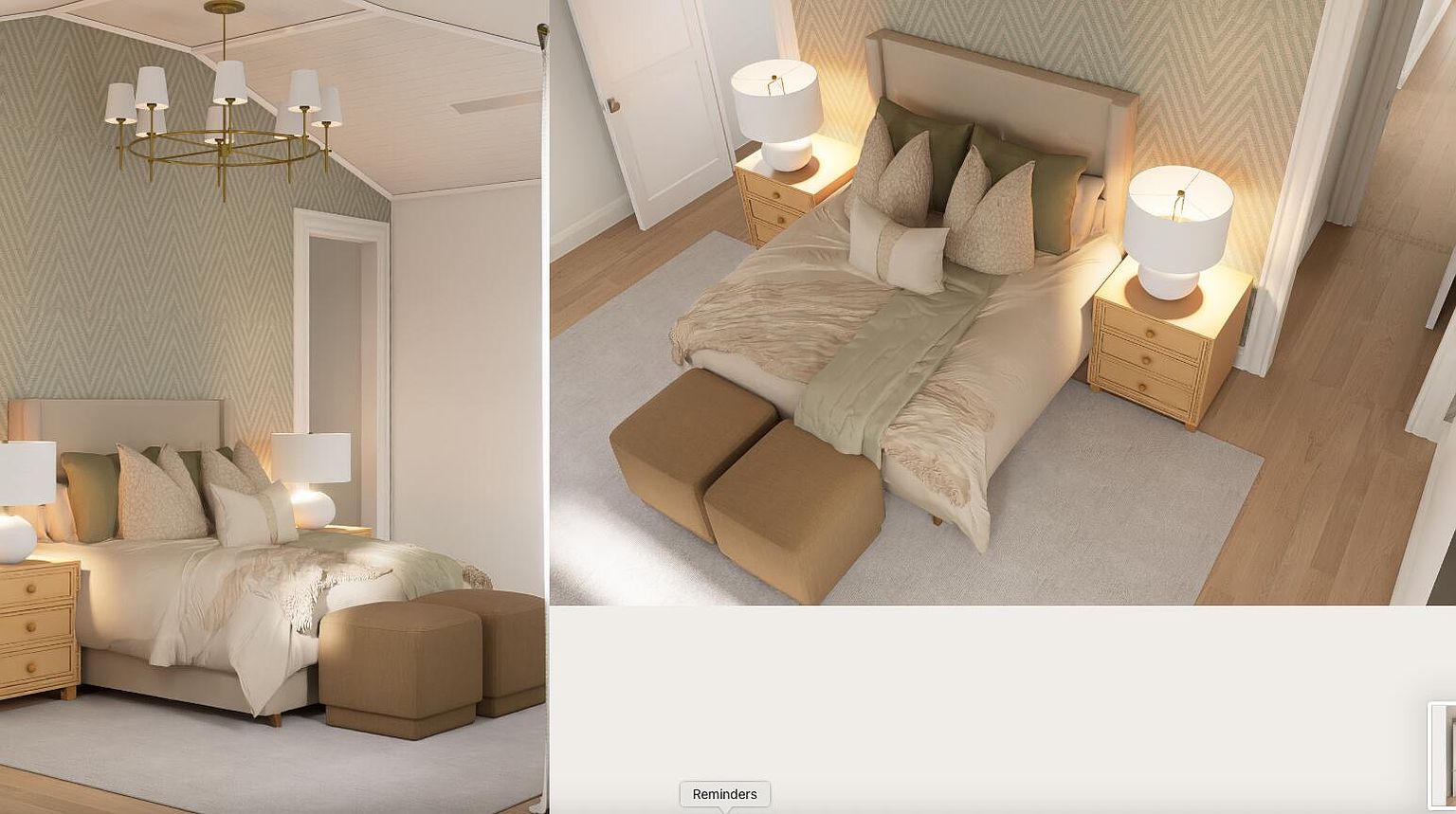 This image showcases a primary bedroom with a serene and inviting atmosphere. The room features a neutral color palette with patterned wallpaper, a comfortable bed with plush bedding, and matching nightstands with lamps. The presence of ottomans at the foot of the bed adds a touch of luxury and functionality.