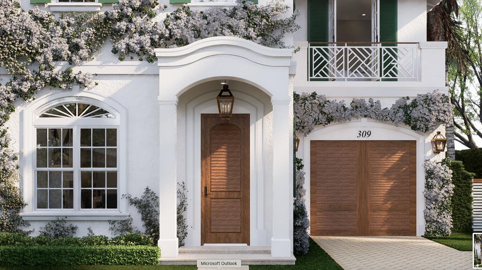 This is a charming front exterior view of a two-story house. The house features a brown garage door and a matching front door, both with horizontal slats. The exterior is adorned with climbing vines and flowers, adding a touch of nature and elegance to the property.