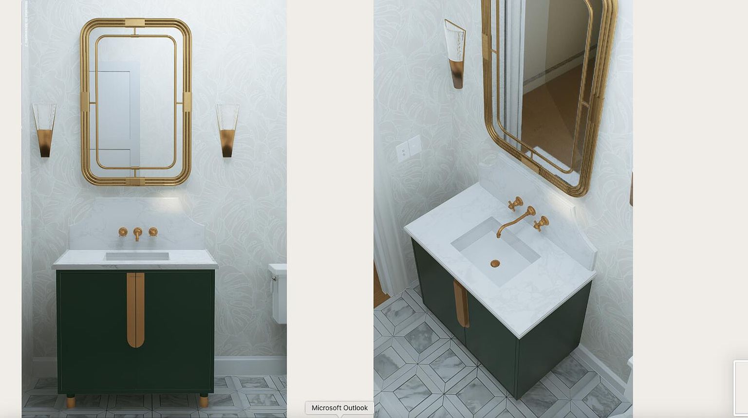 This image showcases a stylish bathroom featuring a dark green vanity with gold accents and a white marble countertop. A gold-framed mirror hangs above the vanity, complemented by sconces on either side. The wallpaper has a subtle leaf pattern, and the floor is tiled in a geometric design, creating a sophisticated and modern aesthetic.