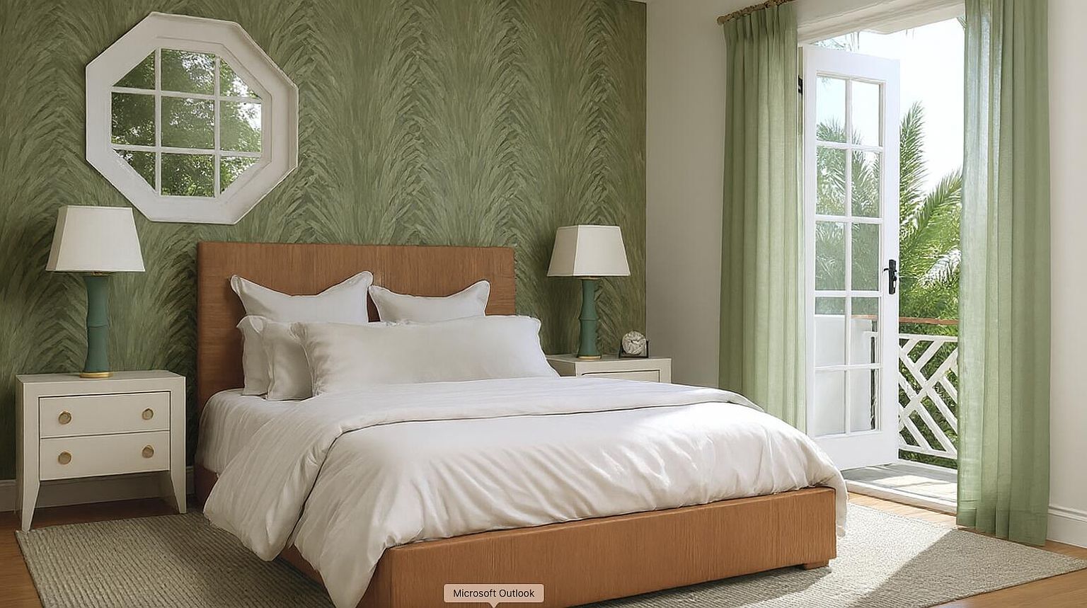 This is a serene primary bedroom featuring a king-size bed with white linens and a textured headboard. The room is decorated with a green patterned wallpaper and matching curtains, creating a calming atmosphere. Natural light floods the space through a door leading to a balcony, enhancing the room's appeal.