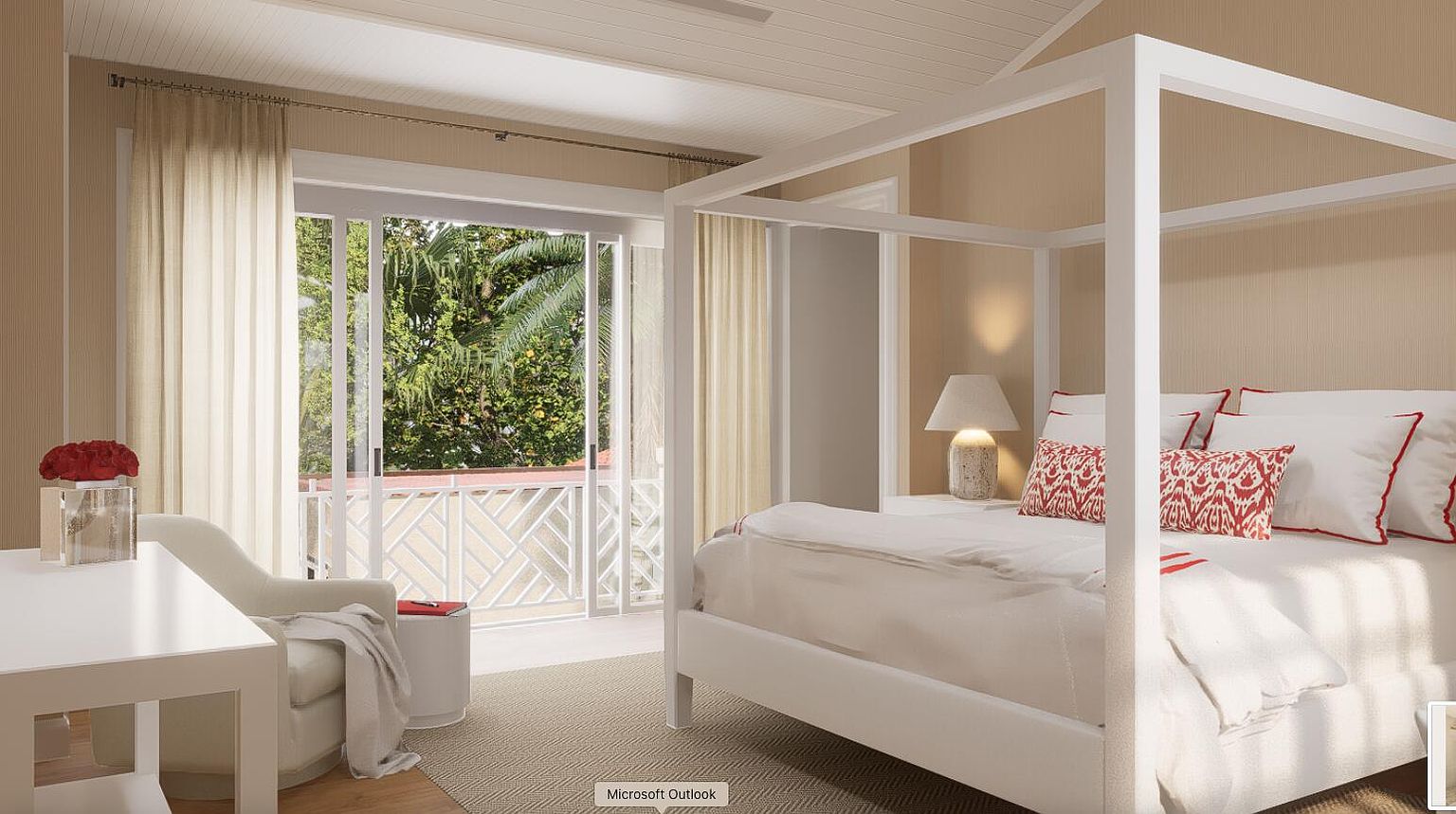This is a bright and airy primary bedroom featuring a four-poster bed with white linens and red patterned pillows. The room has a neutral color palette with beige walls and light-colored curtains, complemented by a white desk and chair. A balcony with a view of lush greenery adds a touch of serenity and luxury.