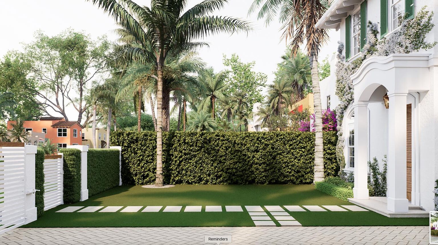 This image showcases a beautifully landscaped yard with a lush green lawn, a neatly trimmed hedge, and a pathway of square stepping stones leading towards a white-columned entryway of a house. Palm trees add a tropical touch, while the overall design suggests a well-maintained and inviting outdoor space. The perspective is from a low angle, emphasizing the depth and tranquility of the garden.