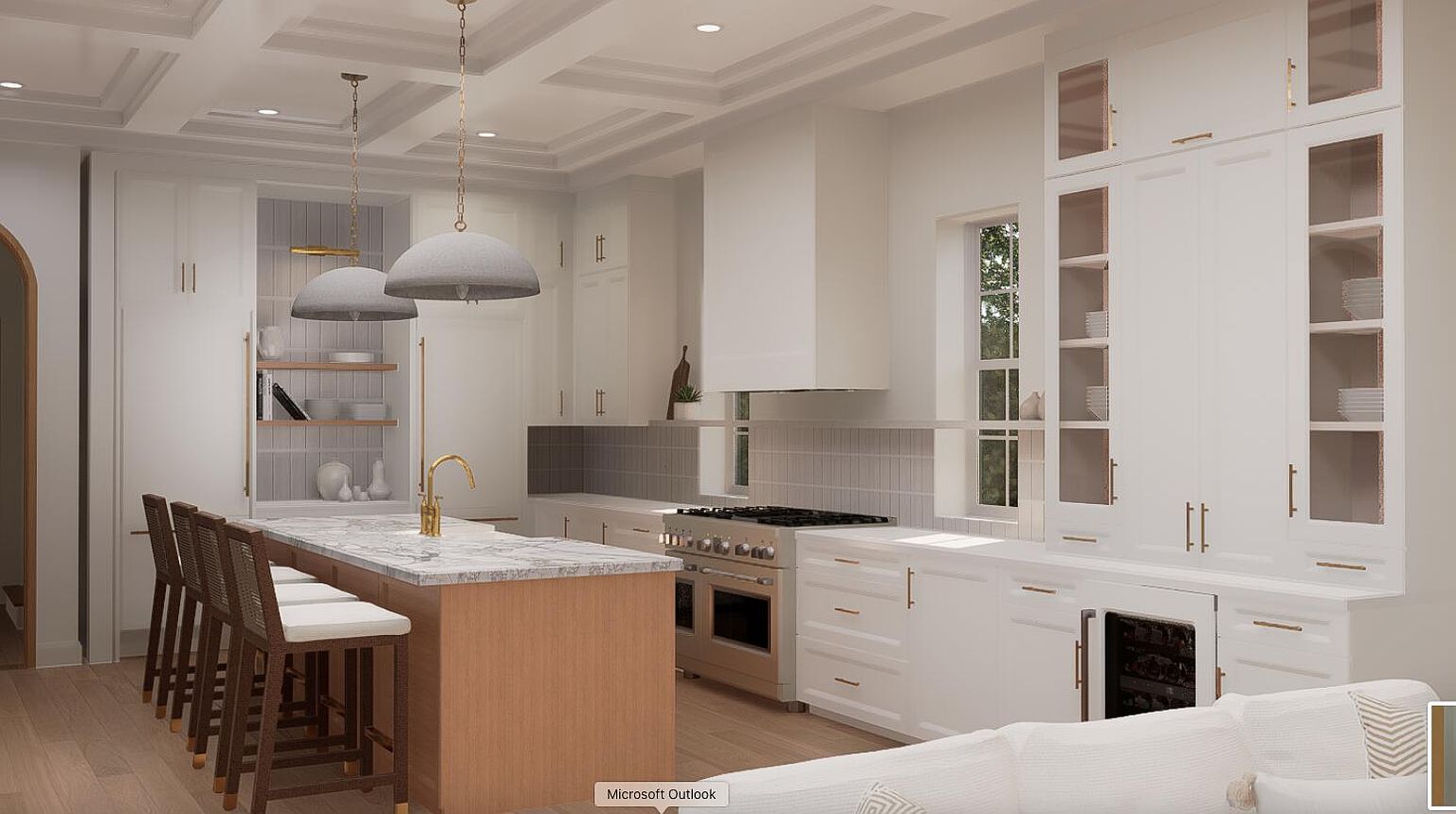 This is a bright and modern kitchen featuring white cabinetry, a large island with a marble countertop, and stainless steel appliances. The kitchen is illuminated by pendant lighting, and a window provides natural light. The overall impression is clean, elegant, and functional, perfect for a modern home.