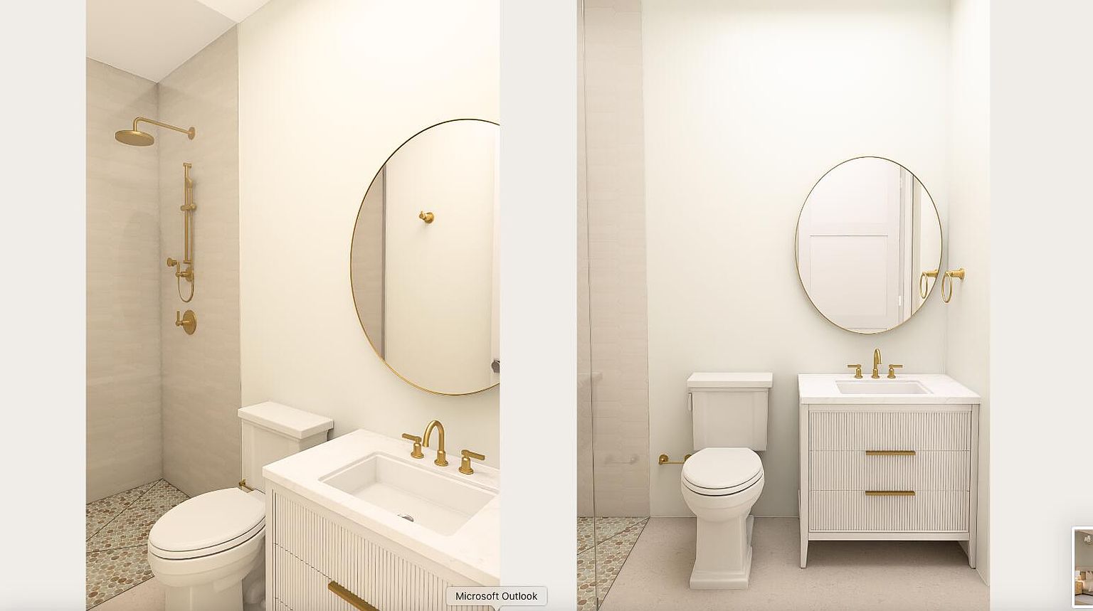 This image showcases a modern guest bathroom with a clean and elegant design. The bathroom features a white vanity with a marble countertop, a round mirror with a gold frame, and gold fixtures. A toilet is positioned next to the vanity, and a shower with gold fixtures is visible on the left, creating a cohesive and stylish space.