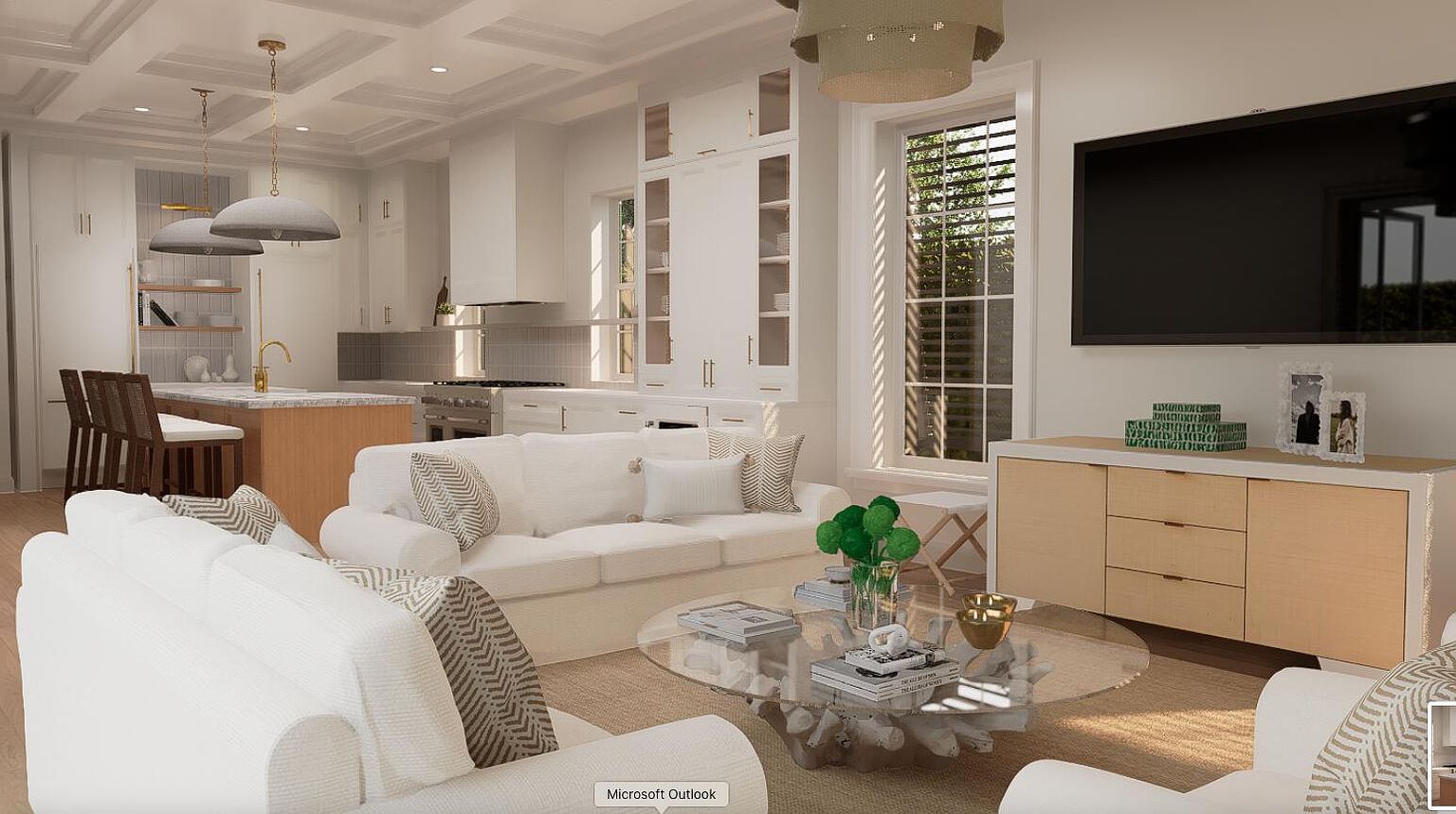 This is an interior shot of a living room that seamlessly blends into a kitchen area. The living room features a white sofa and armchairs, a glass-topped coffee table with a unique driftwood base, and a light-colored media console beneath a large television. The kitchen area includes an island with bar seating and white cabinetry, creating an open and inviting space.