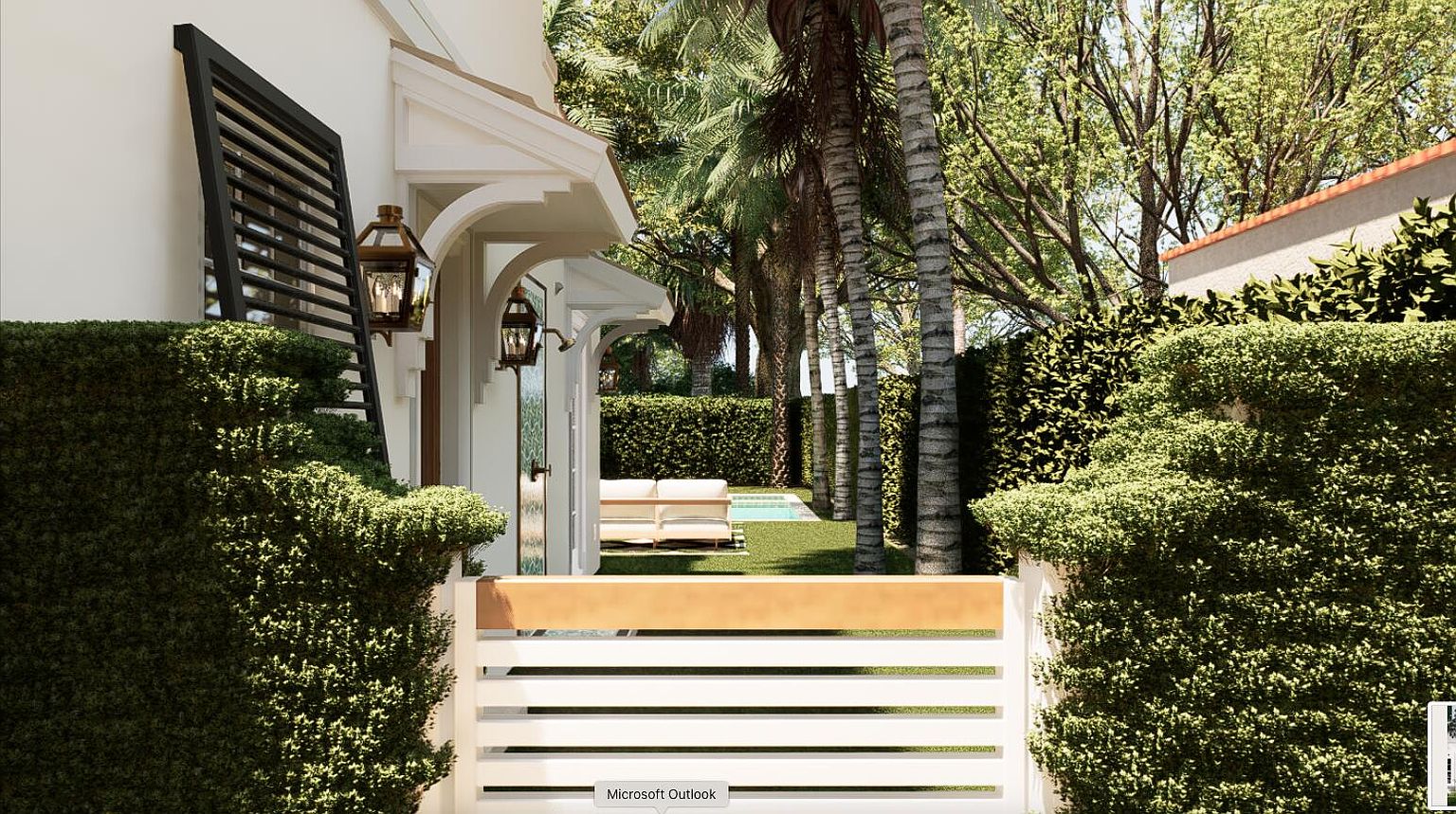 This image showcases a beautifully landscaped yard with lush greenery and mature trees, creating a serene and private outdoor space. A white fence with a wooden accent provides a charming entryway, leading to a glimpse of a pool and outdoor seating area in the background. The overall impression is one of tranquility and sophisticated outdoor living.