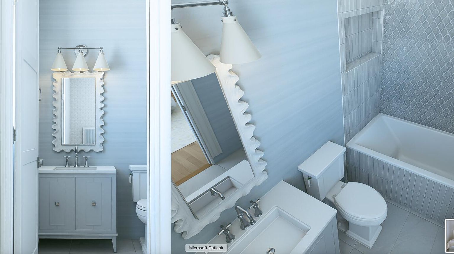 This image showcases a stylish guest bathroom with a light blue color scheme. The bathroom features a vanity with a decorative mirror and sconce lighting, a toilet, and a bathtub with tiled walls. The overall design is clean, modern, and inviting, creating a comfortable and aesthetically pleasing space.