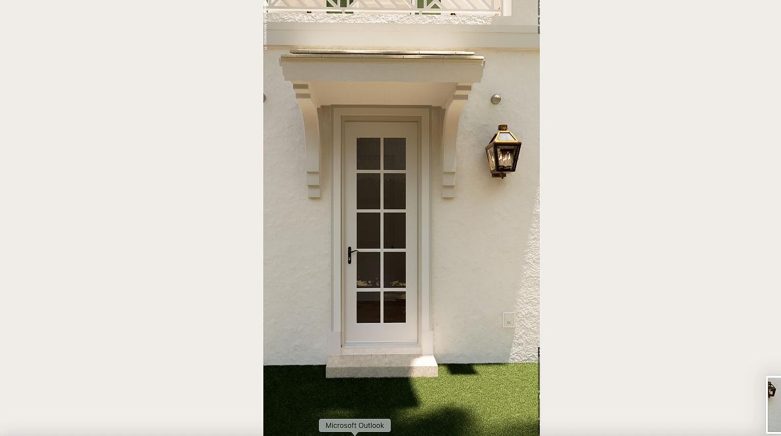 This image showcases an elegant entryway with a white door featuring multiple glass panes, complemented by a decorative overhang. A vintage-style lantern illuminates the entrance, adding a touch of classic charm. The textured white wall and manicured green lawn enhance the curb appeal, creating a welcoming and sophisticated first impression.
