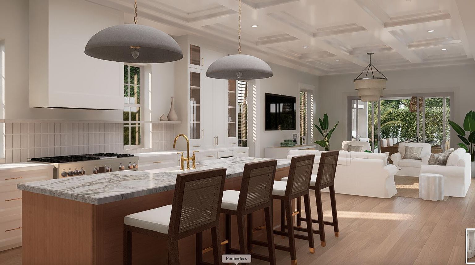This is a bright and airy kitchen with a large island featuring a marble countertop and wooden base. The kitchen is equipped with modern appliances and stylish pendant lighting. The open floor plan seamlessly connects the kitchen to the living area, creating a welcoming and spacious environment.