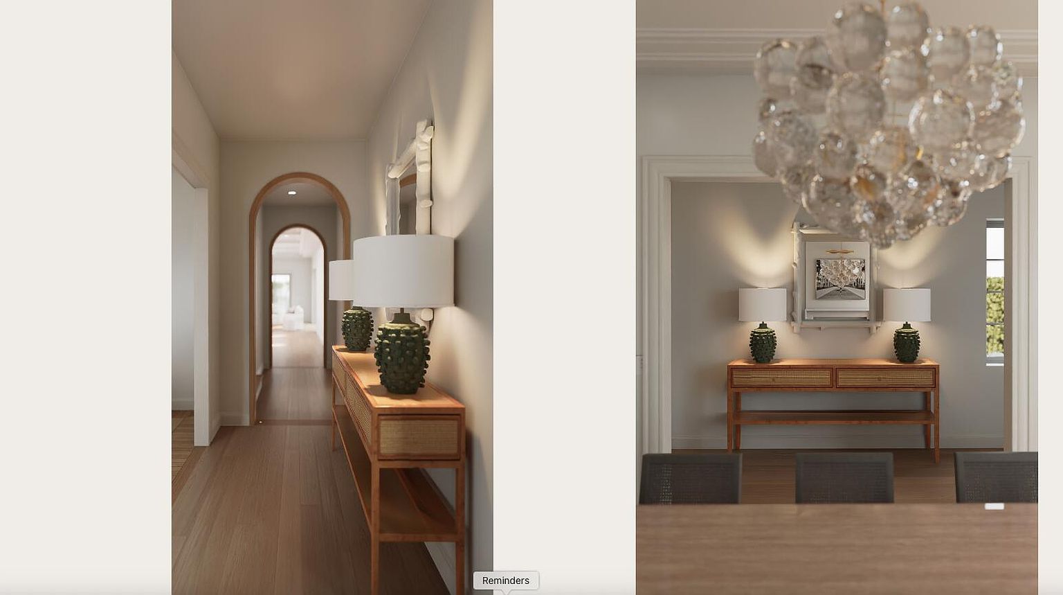 This image showcases an elegant interior hallway and dining room. The hallway features a wooden floor, an arched doorway, and a console table adorned with lamps. The dining room is illuminated by a chandelier and features a table with chairs, creating a warm and inviting atmosphere.