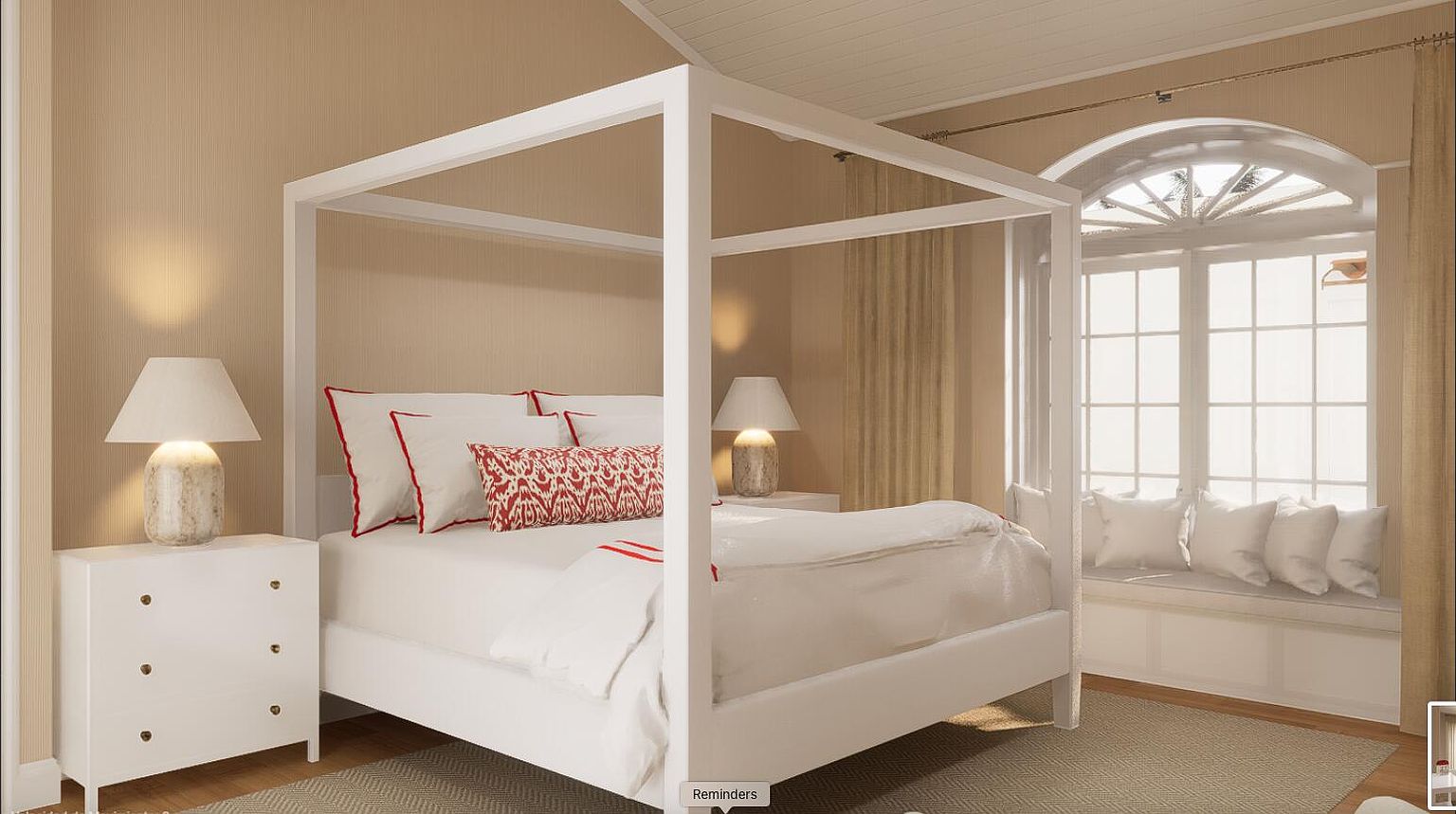This is a bright and airy primary bedroom featuring a four-poster bed with white linens and red accents. The room is well-lit by a large window with a window seat, and the walls are painted in a neutral tone. A white nightstand with a lamp sits beside the bed, adding to the room's serene and inviting atmosphere.