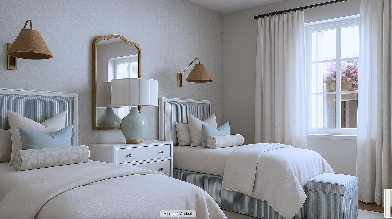 This is a charming guest bedroom featuring two twin beds with striped headboards and matching bed skirts. The room is decorated in a soothing color palette of blues and whites, complemented by a gold-framed mirror and sconce lighting. The window is framed by light curtains, creating a bright and airy atmosphere.