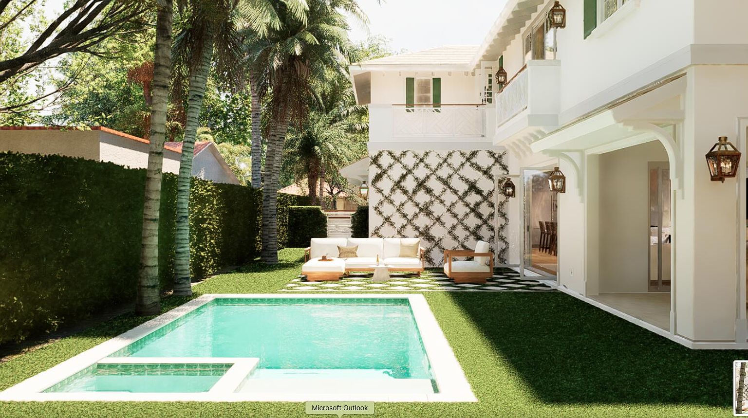 This image showcases a luxurious backyard featuring a pristine pool with turquoise water, surrounded by lush green grass and manicured hedges. A stylish outdoor seating area with white furniture is positioned near a wall adorned with climbing vines, creating a serene and private oasis. The architecture of the house is visible in the background, featuring white walls and elegant outdoor lighting fixtures.