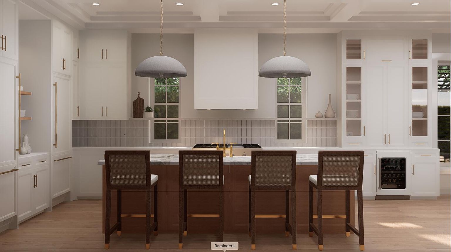 This is a bright and airy kitchen featuring white cabinetry with gold hardware, a large center island with seating, and pendant lighting. The kitchen is well-lit with natural light coming through the windows, and the overall style is modern and elegant. The camera is positioned at eye-level, providing a clear view of the kitchen's layout and design.