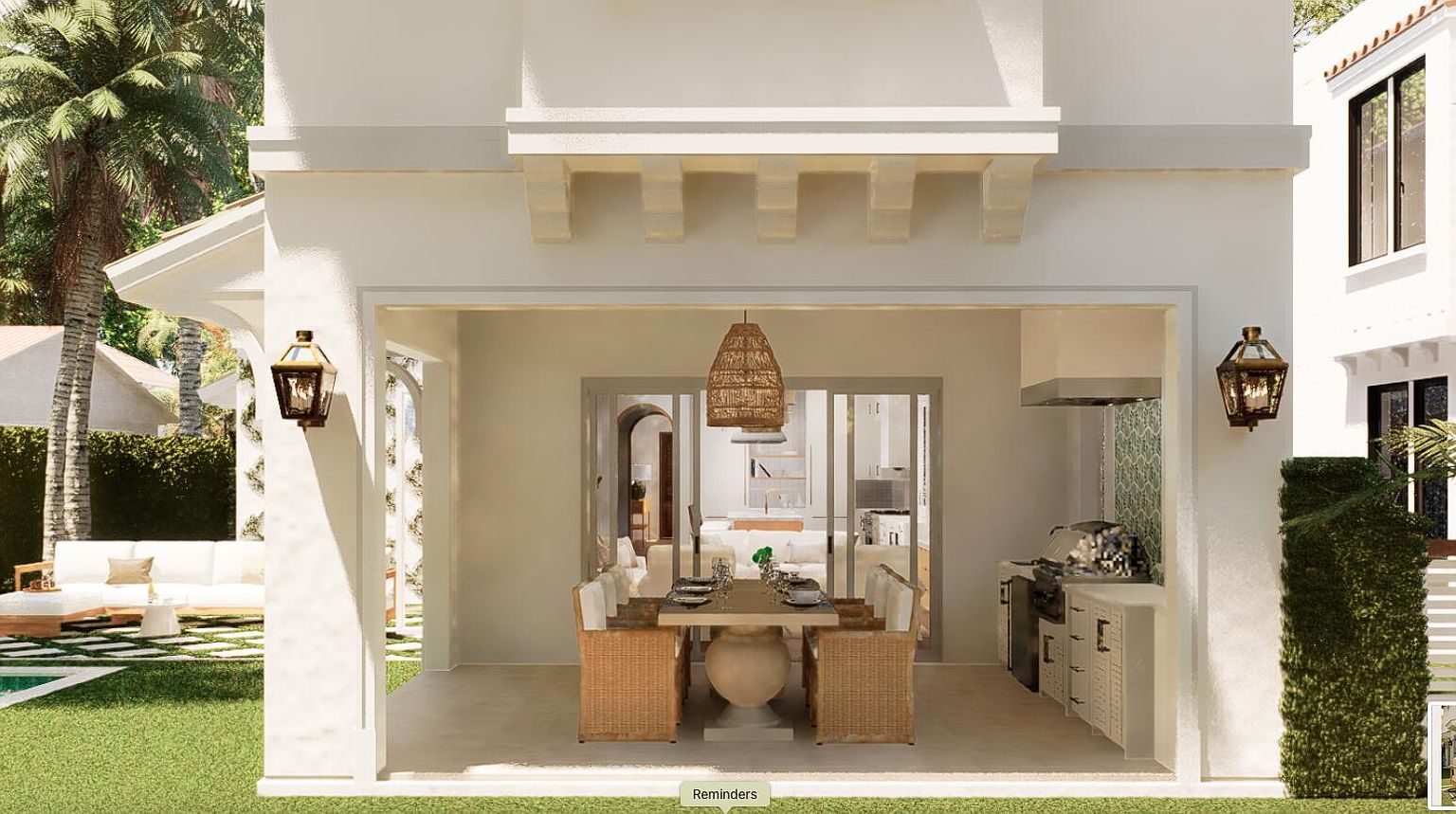 This image showcases a beautifully designed outdoor patio and dining area, seamlessly blending indoor and outdoor living. The space features a dining table with wicker chairs, a stylish pendant light, and an outdoor kitchen area with a grill. The design incorporates natural elements and a neutral color palette, creating a relaxing and inviting atmosphere.