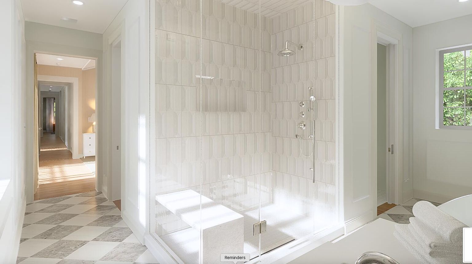 This is a bright and modern primary bathroom featuring a glass-enclosed shower with stylish vertical tiles and a built-in bench. The floor is adorned with a diamond pattern tile, and the space is well-lit, creating a clean and luxurious atmosphere. A hallway is visible in the background, leading to other parts of the house.