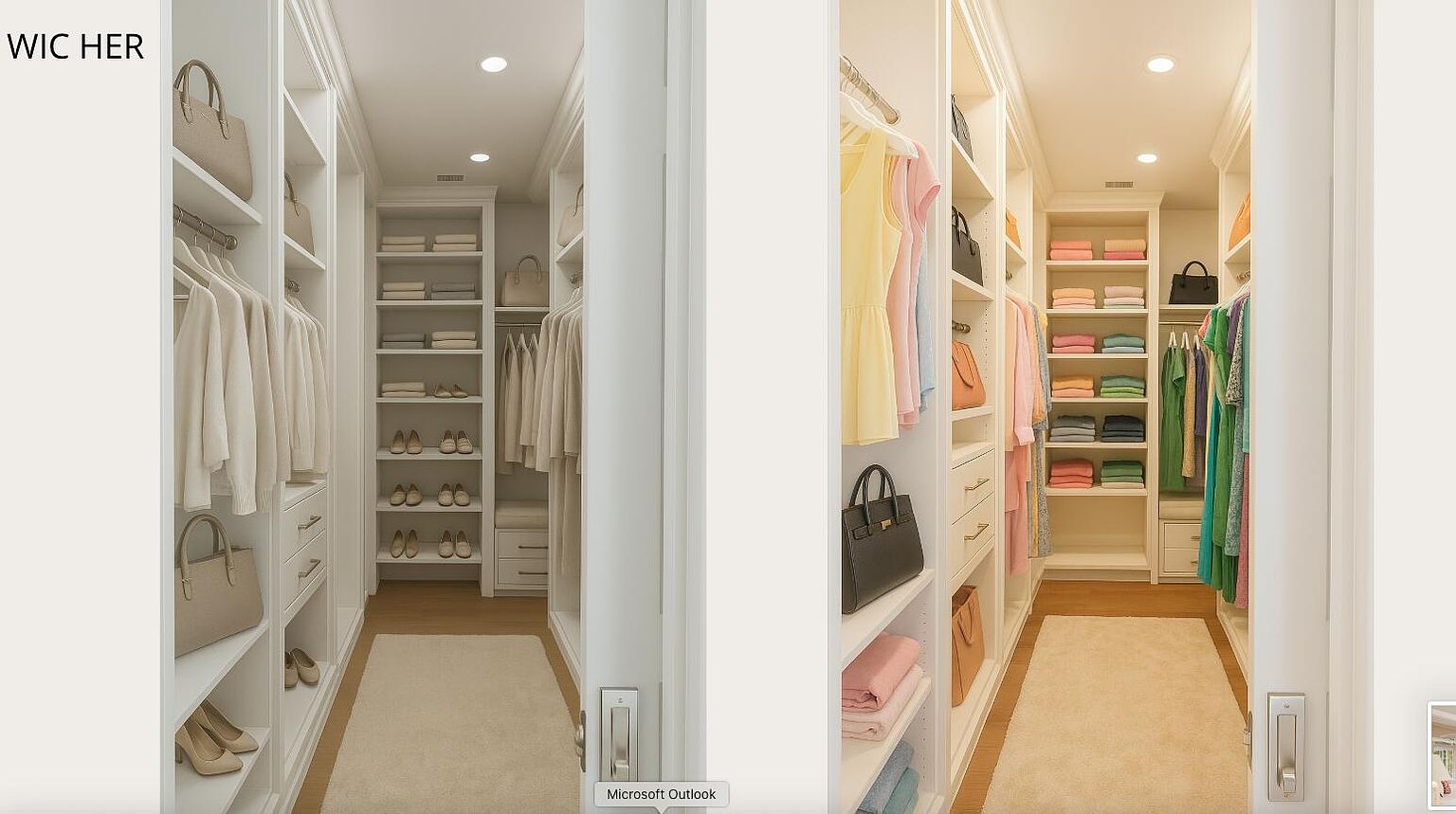 This image showcases a well-organized walk-in closet with custom shelving and storage solutions. The closet is divided into sections for hanging clothes, folded items, shoes, and accessories, maximizing space and functionality. The neutral color palette and ample lighting create a clean and inviting atmosphere, highlighting the closet's potential for efficient organization.