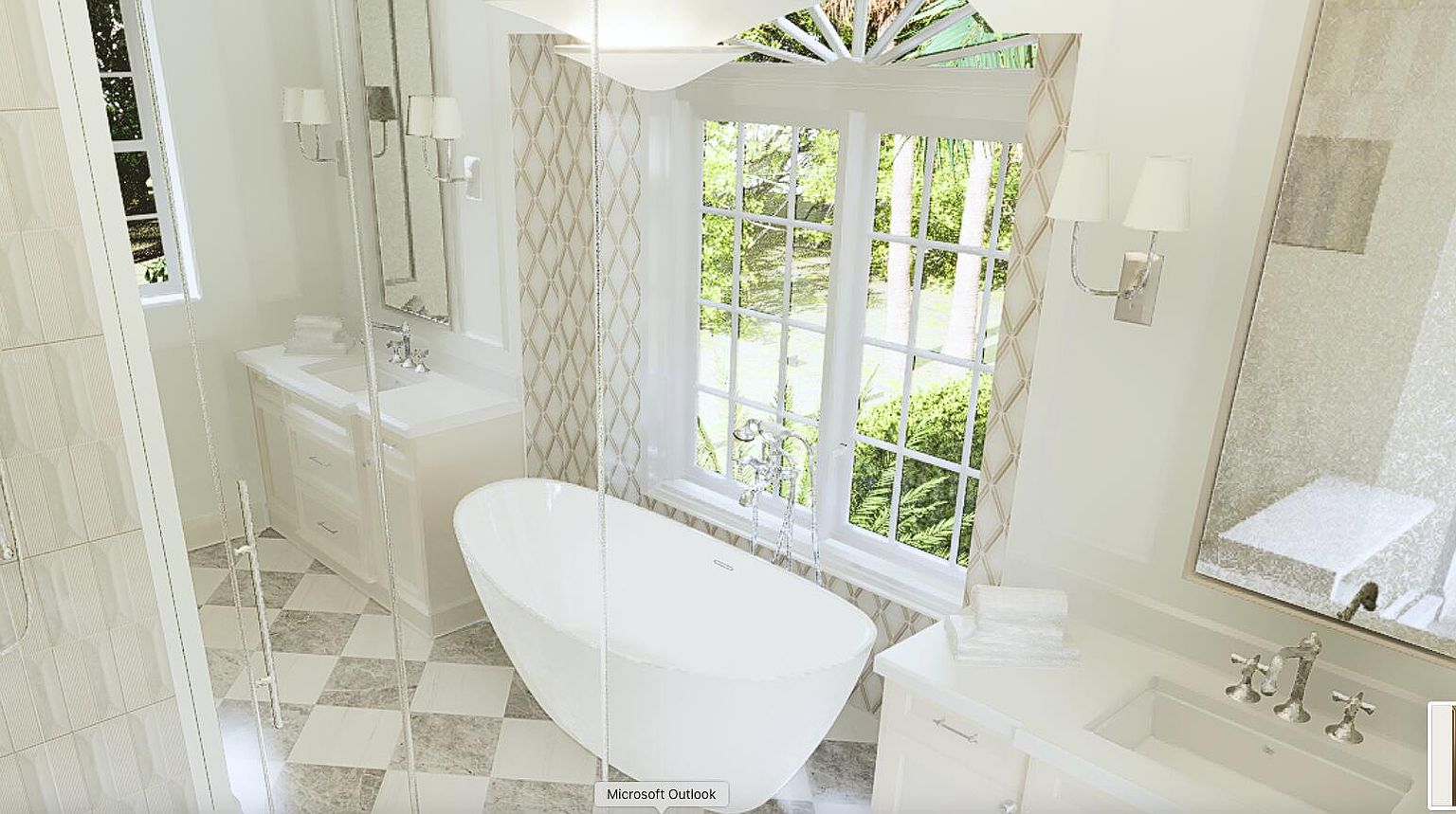 This is a bright and luxurious primary bathroom featuring a freestanding white bathtub positioned in front of a large window with a garden view. The bathroom includes dual vanities with white cabinetry, elegant fixtures, and a neutral-toned checkered tile floor. The overall impression is one of sophistication and tranquility.