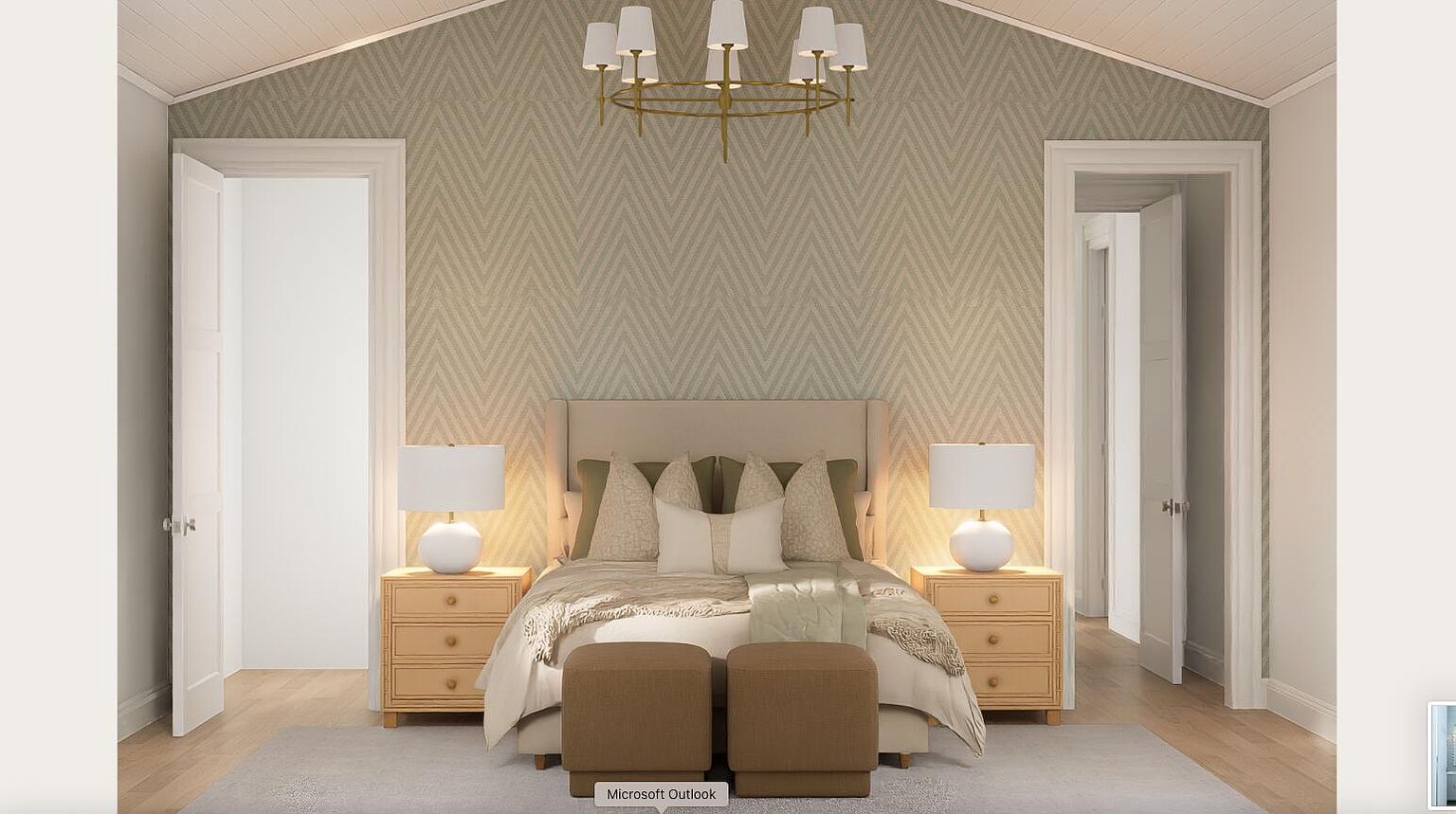 This is a well-lit primary bedroom featuring a neutral color palette with a geometric patterned accent wall. The room is furnished with a bed, two nightstands with lamps, and two ottomans at the foot of the bed. Two doorways are visible on either side of the bed, adding depth and symmetry to the space.