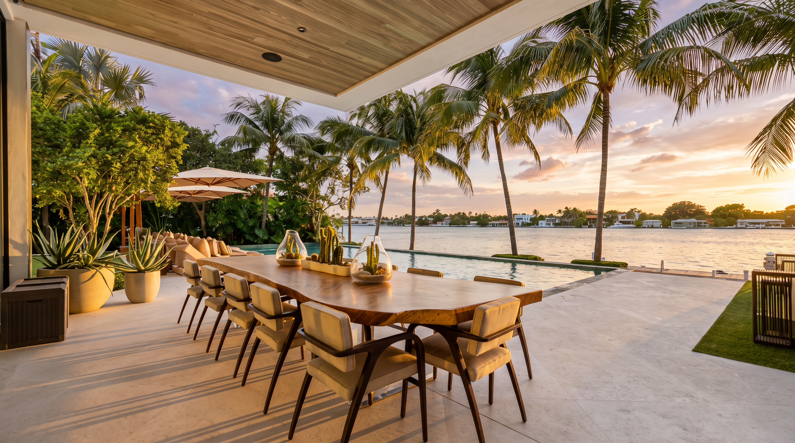 This luxurious outdoor living space features a large wooden dining table set against a stunning waterfront backdrop, seamlessly blending modern design with a tropical aesthetic. The expansive patio includes a sophisticated dining area, private pool, and mature palm trees, creating an ideal setting for high-end waterfront entertaining. Its open-air configuration captures panoramic views and soft sunset lighting, emphasizing an elegant, resort-style lifestyle.