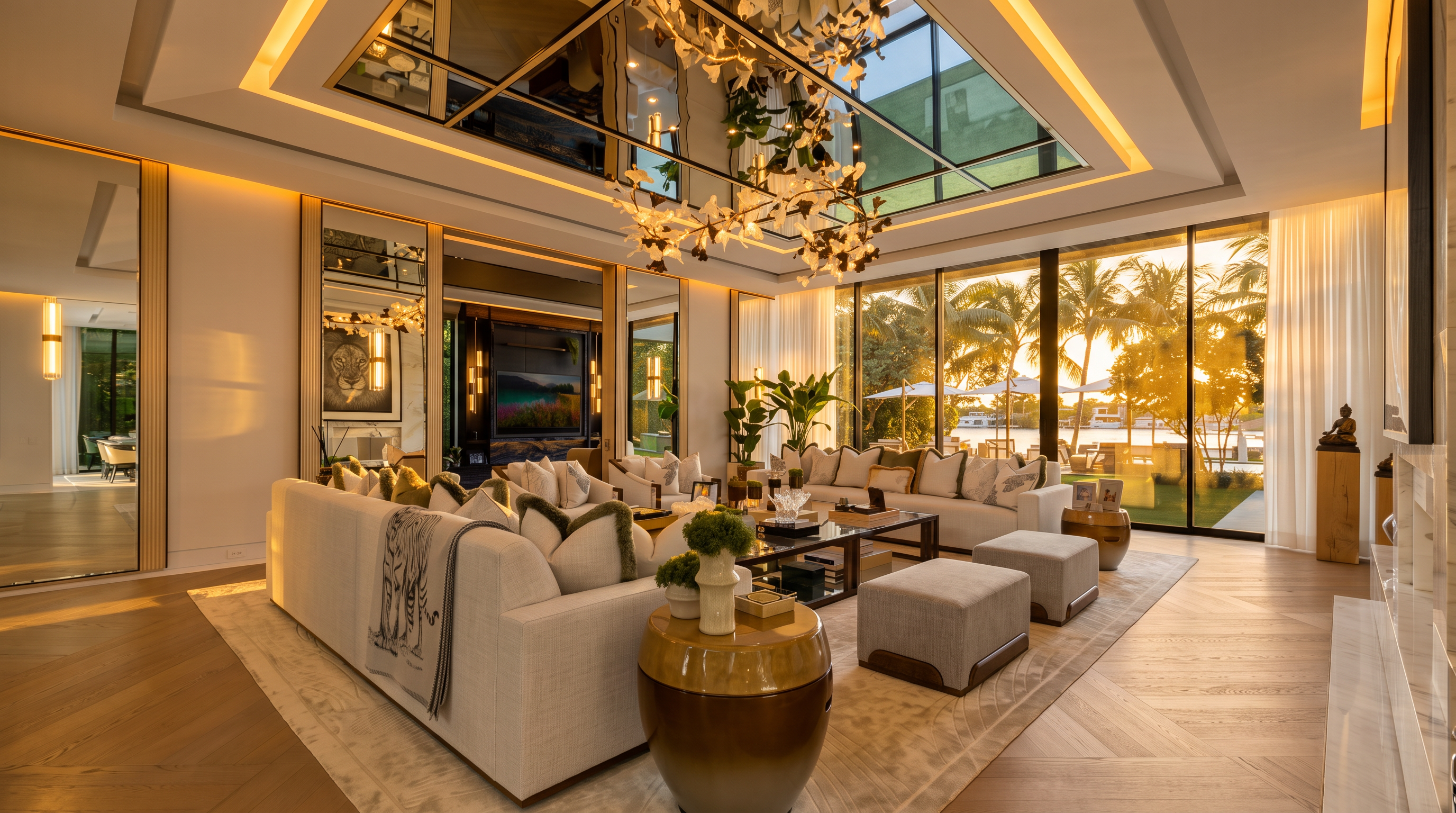 This luxurious living room exudes sophisticated contemporary design, featuring a large neutral sectional, refined furniture accents, and a dramatic coffered ceiling with inset mirrors and warm cove lighting. Floor-to-ceiling glass windows frame picturesque sunset views over a tranquil waterfront, seamlessly blending indoor elegance with outdoor beauty. The open-concept layout is anchored by a sleek central coffee table and adorned with artistic decorative details, creating an inviting and upscale atmosphere.