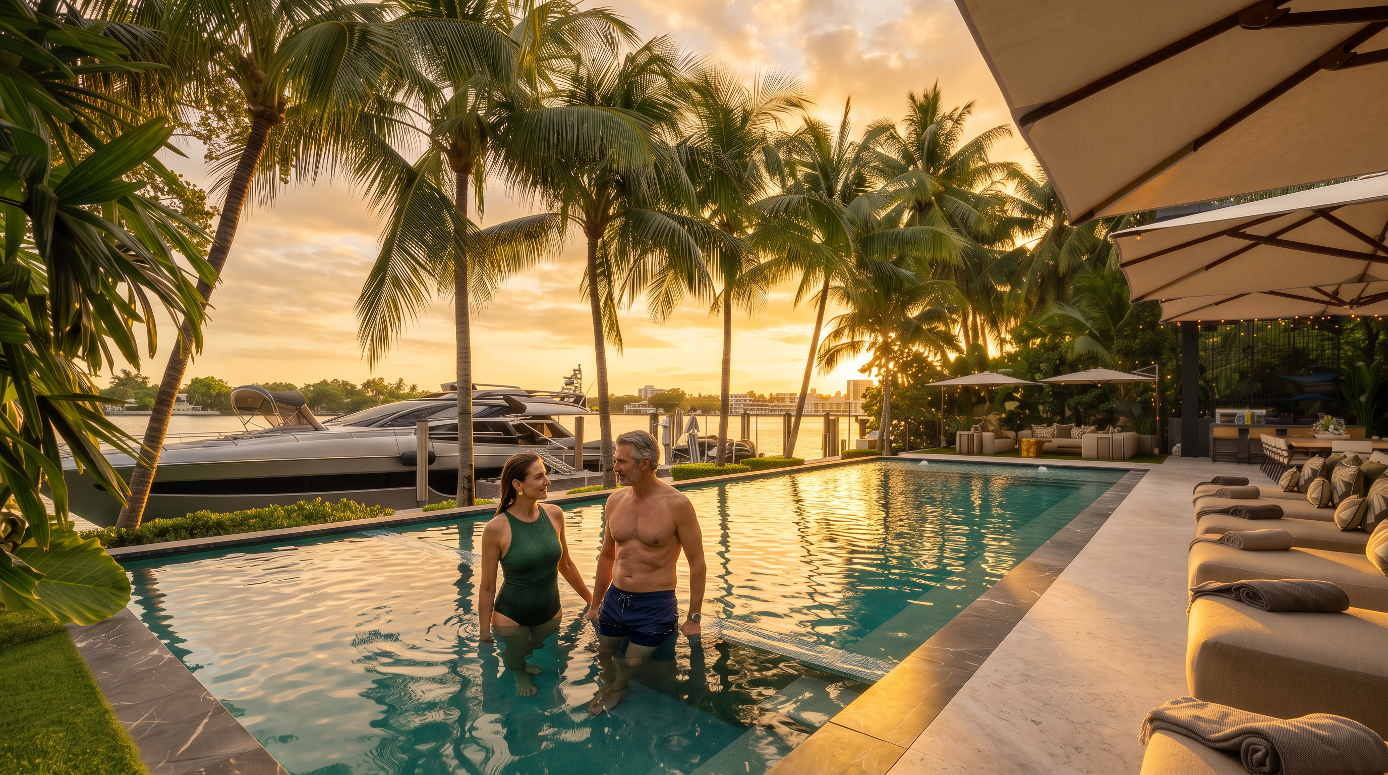 This luxurious waterfront pool area features a long, rectangular infinity-edge pool with vibrant turquoise water, bordered by dark stone coping. A spacious stone patio runs alongside the pool, furnished with a row of comfortable lounge chairs under a large, modern cantilevered umbrella. In the background, a sleek yacht is docked at the private pier, framed by lush palm trees and a clear blue sky, creating an atmosphere of high-end coastal living.