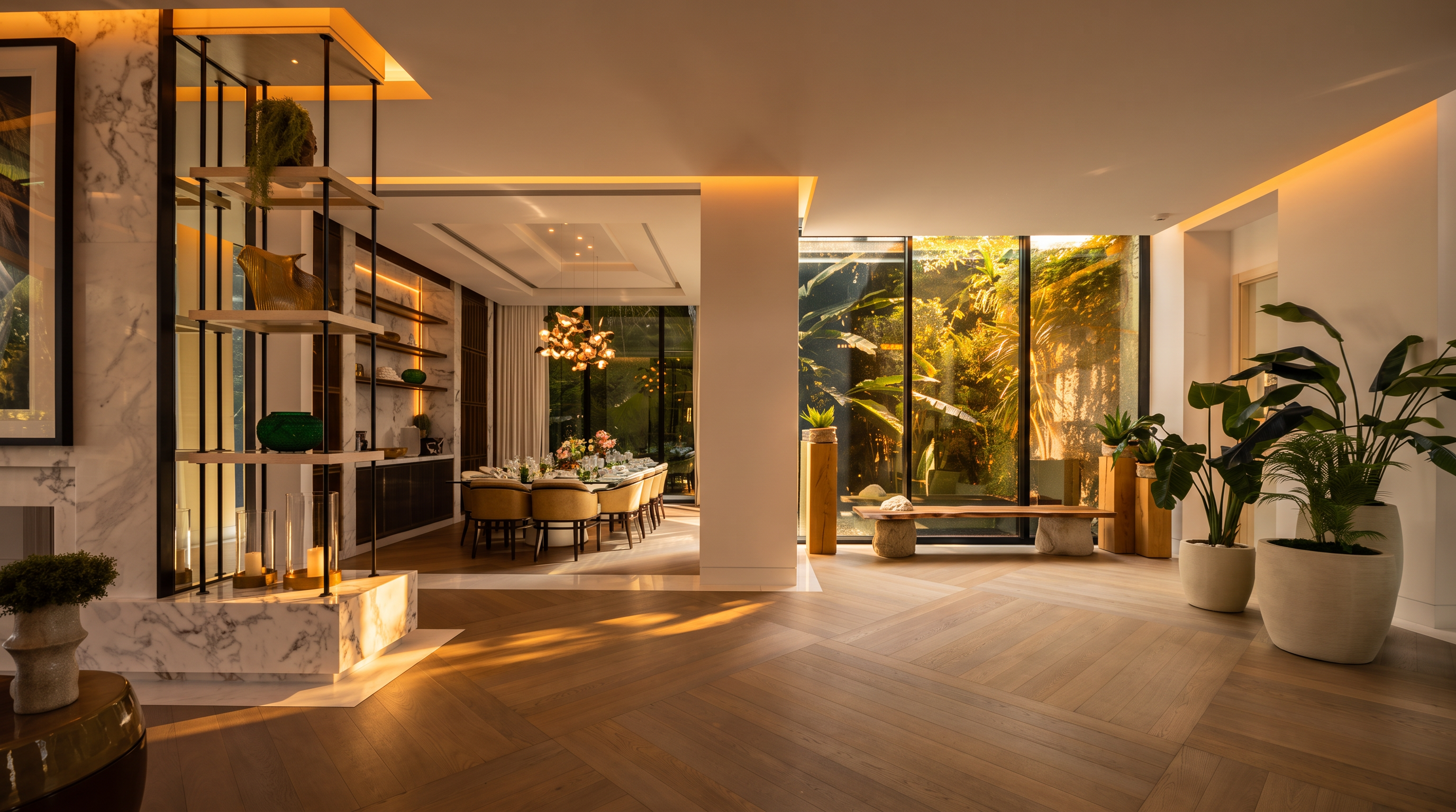 This sophisticated open-concept living space features warm wood herringbone flooring, a striking marble-clad structural pillar with integrated shelving, and soft, ambient recessed lighting. The room transitions seamlessly into an elegant dining area, while floor-to-ceiling windows flood the space with golden-hour natural light, providing a serene view of the lush, exterior tropical greenery. The overall aesthetic is one of refined luxury and harmonious indoor-outdoor living.