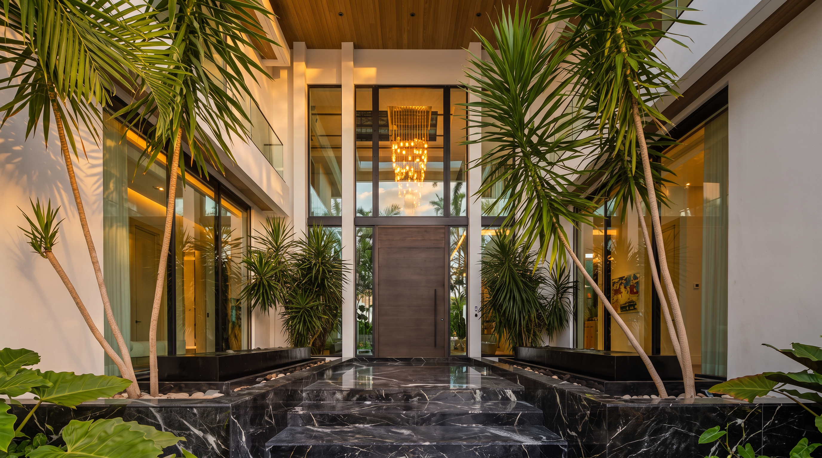 This stunning contemporary entryway features a grand, dark-wood pivot door framed by floor-to-ceiling glass panels and elegant gold chandelier lighting. The entrance is elevated by polished black marble steps, flanked by symmetrical planters and palm trees, creating a sophisticated and welcoming architectural statement. The high-contrast design, clean lines, and warm lighting offer an immediate impression of luxury and modern refinement.