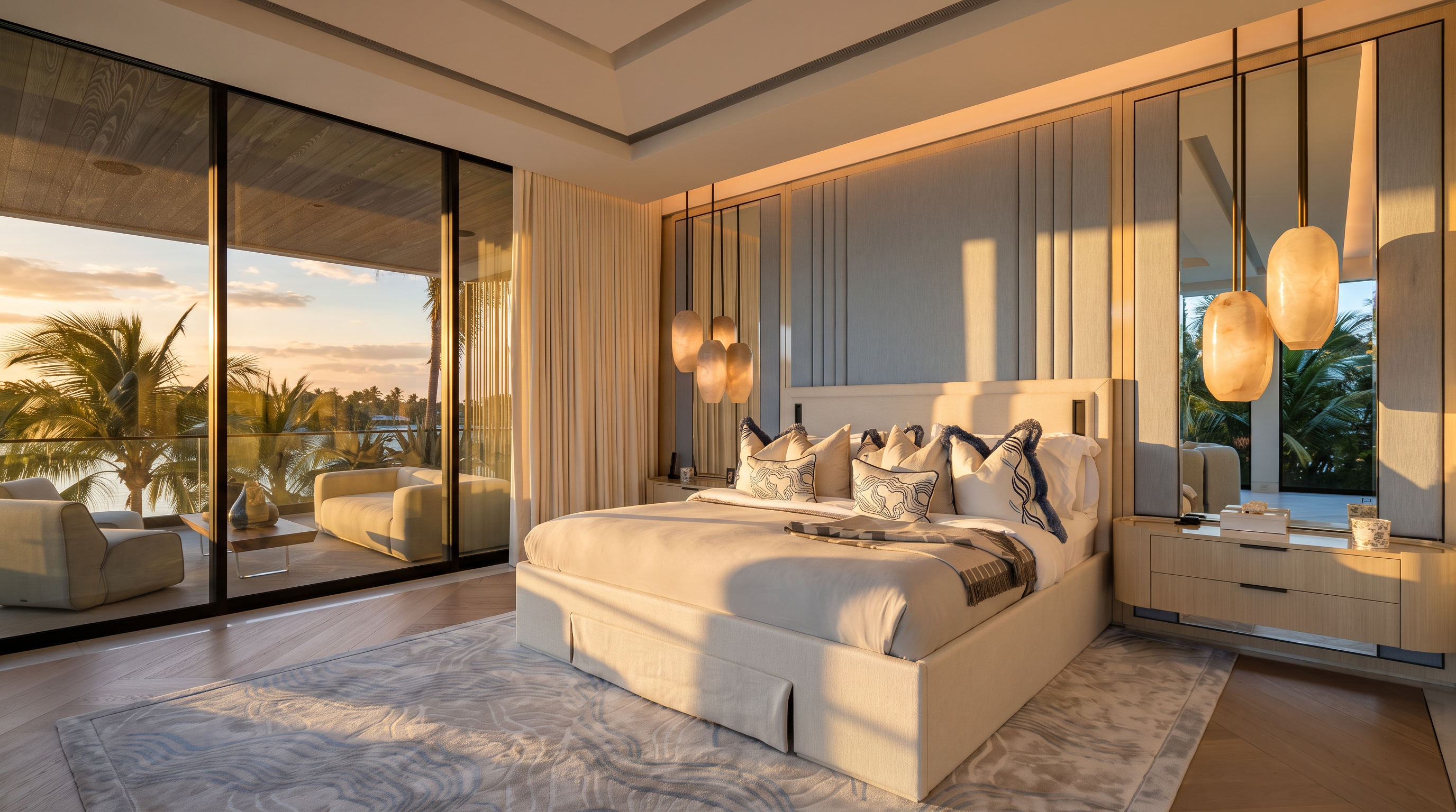 This luxurious primary bedroom features a neutral color palette with soft blue accents and a large, plush bed as the focal point. The room is illuminated by elegant, modern pendant lights and features a wall with integrated mirrors and light wood cabinetry. Large glass doors provide a seamless transition to a private balcony, offering a scenic view of palm trees and the water beyond.