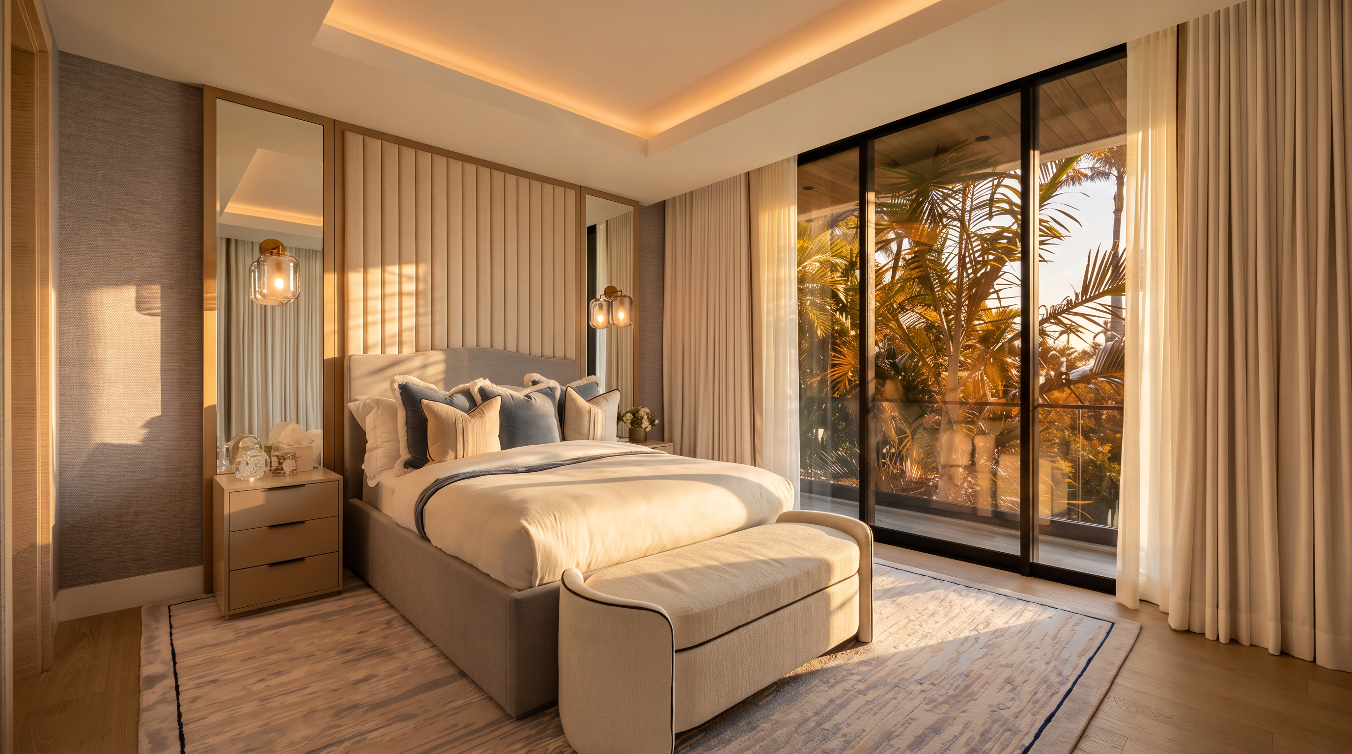 This elegant primary bedroom features a neutral color palette with a plush upholstered bed as the focal point, flanked by mirrored panels and warm wall sconces. A large bench sits at the foot of the bed atop a textured area rug, while floor-to-ceiling glass doors provide an expansive view of lush tropical greenery outside. The room is finished with light wood flooring and a recessed ceiling detail with soft ambient lighting, creating a serene and sophisticated atmosphere.