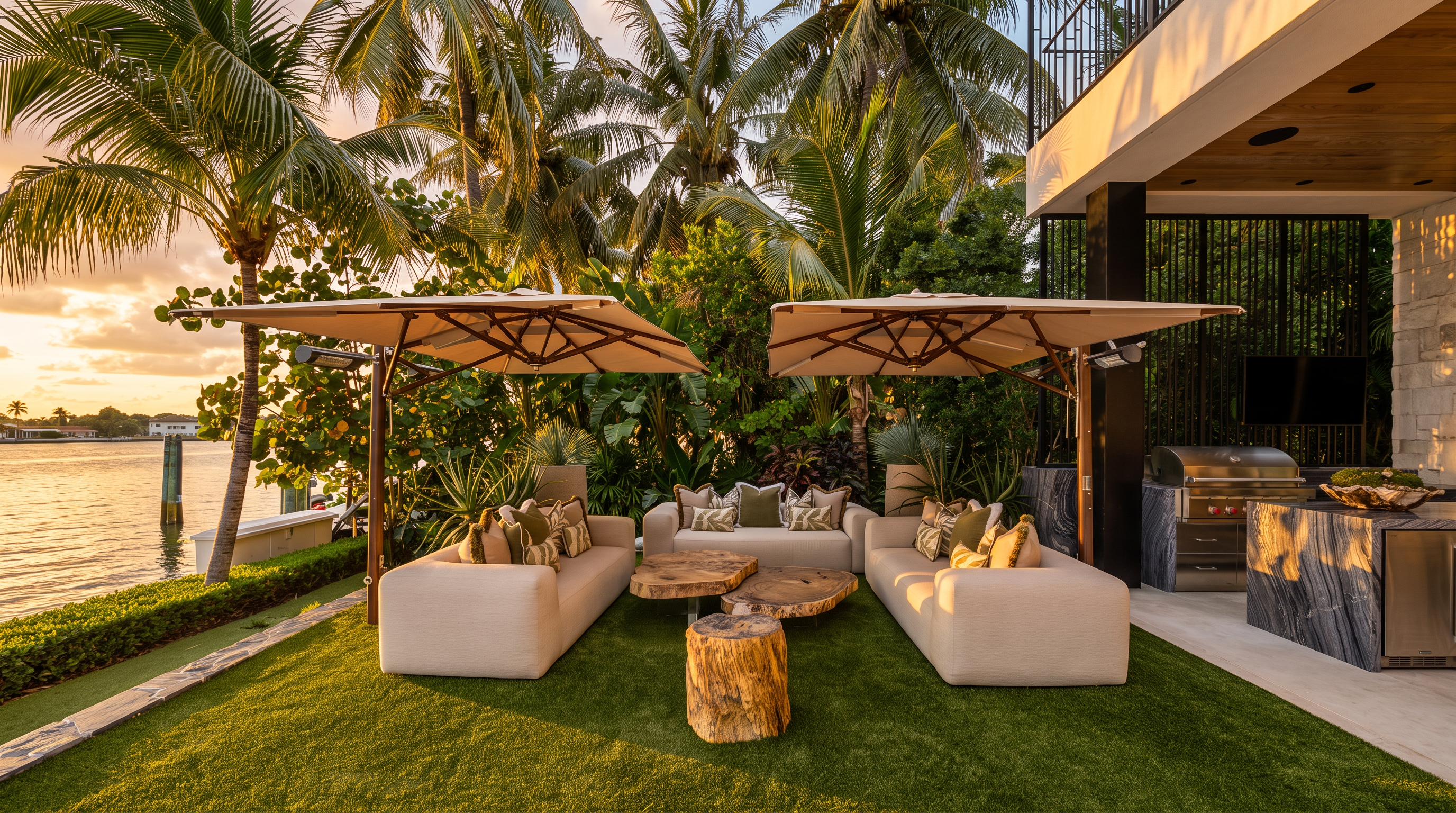 This luxurious outdoor lounge area features two large, beige sofas arranged around organic-shaped wooden coffee tables and a central tree-stump stool, all set upon a vibrant green artificial turf lawn. Two expansive, square cantilever umbrellas provide shade, while a sleek outdoor kitchen with a stainless steel grill and dark stone cabinetry sits to the right. The setting is framed by lush tropical palm trees and foliage, with a serene waterfront view visible in the background, creating a sophisticated and relaxing atmosphere.