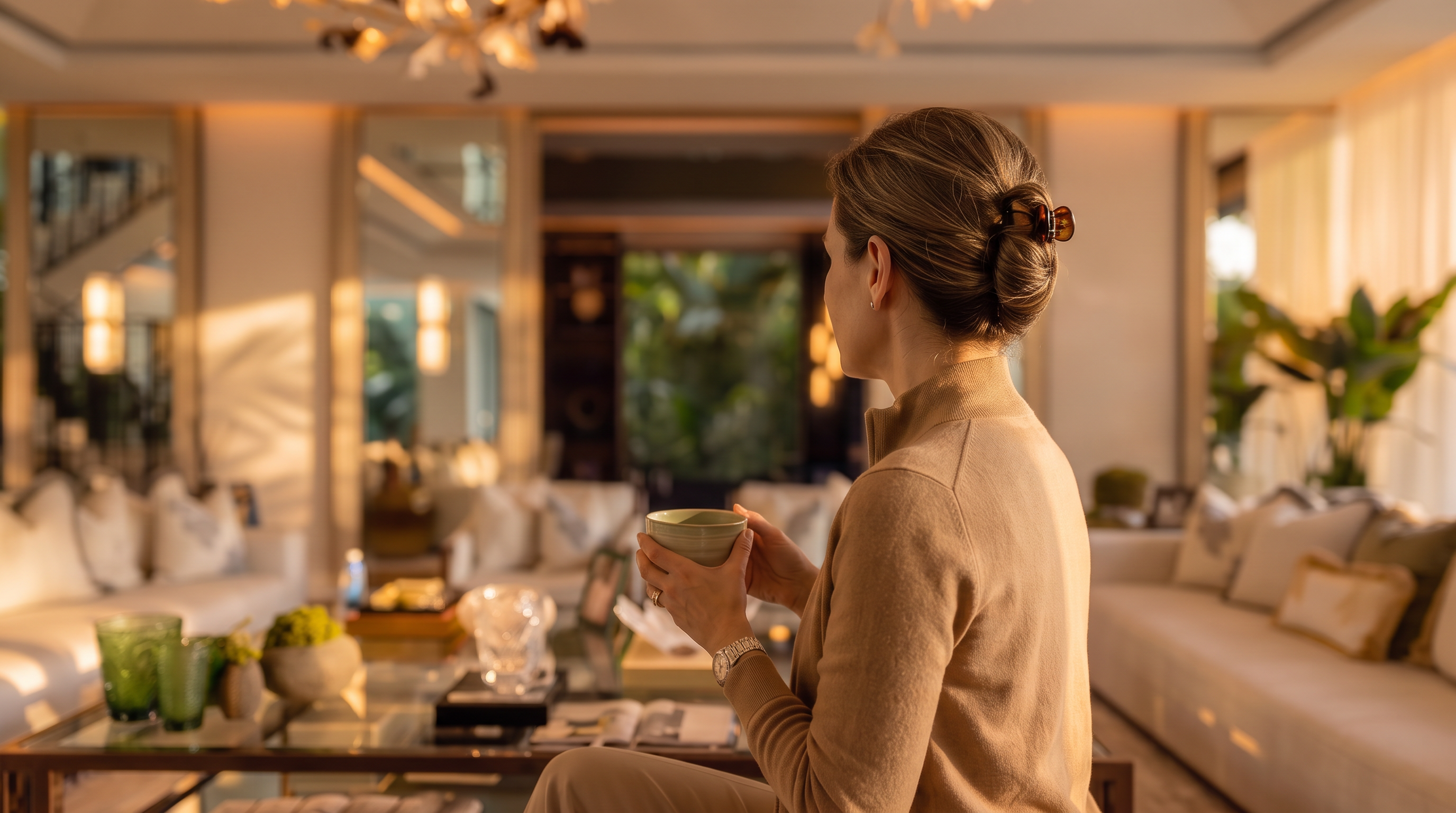 This sophisticated and spacious living room features a symmetrical layout with plush, light-colored sofas centered around a large glass-top coffee table. High ceilings adorned with an elegant gold-leaf chandelier and mirrored wall accents enhance the sense of luxury, while large floor-to-ceiling windows provide abundant natural light and seamless views of the lush exterior garden. The overall atmosphere is warm, serene, and exquisitely designed for high-end comfort.