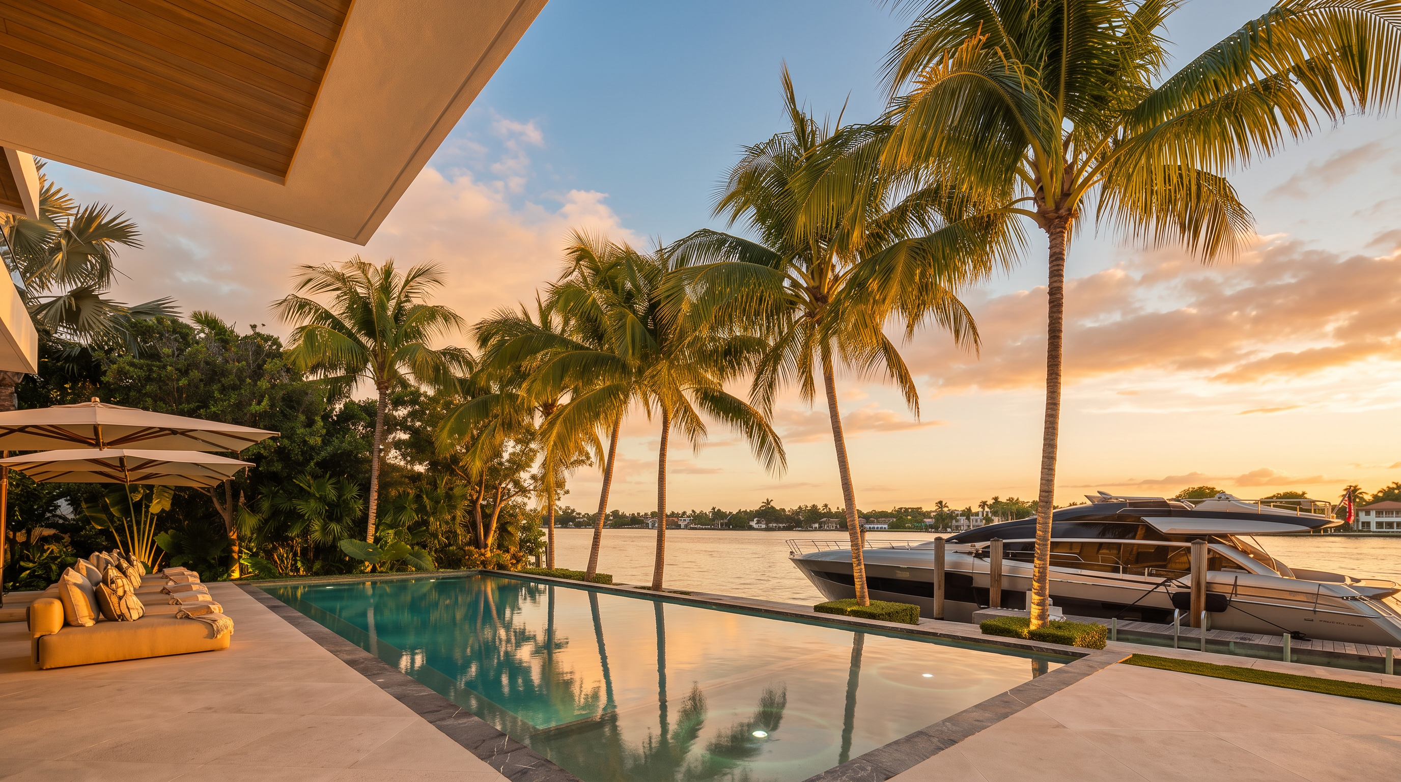 This stunning waterfront property features a sleek, rectangular infinity-edge pool that seamlessly blends into the calm bay beyond. The poolside area is complemented by a covered patio with lounge seating and tall palm trees, creating a luxurious tropical atmosphere at dusk. A large yacht is docked directly alongside the property, emphasizing the exclusive lifestyle and deep-water access offered by this residence.