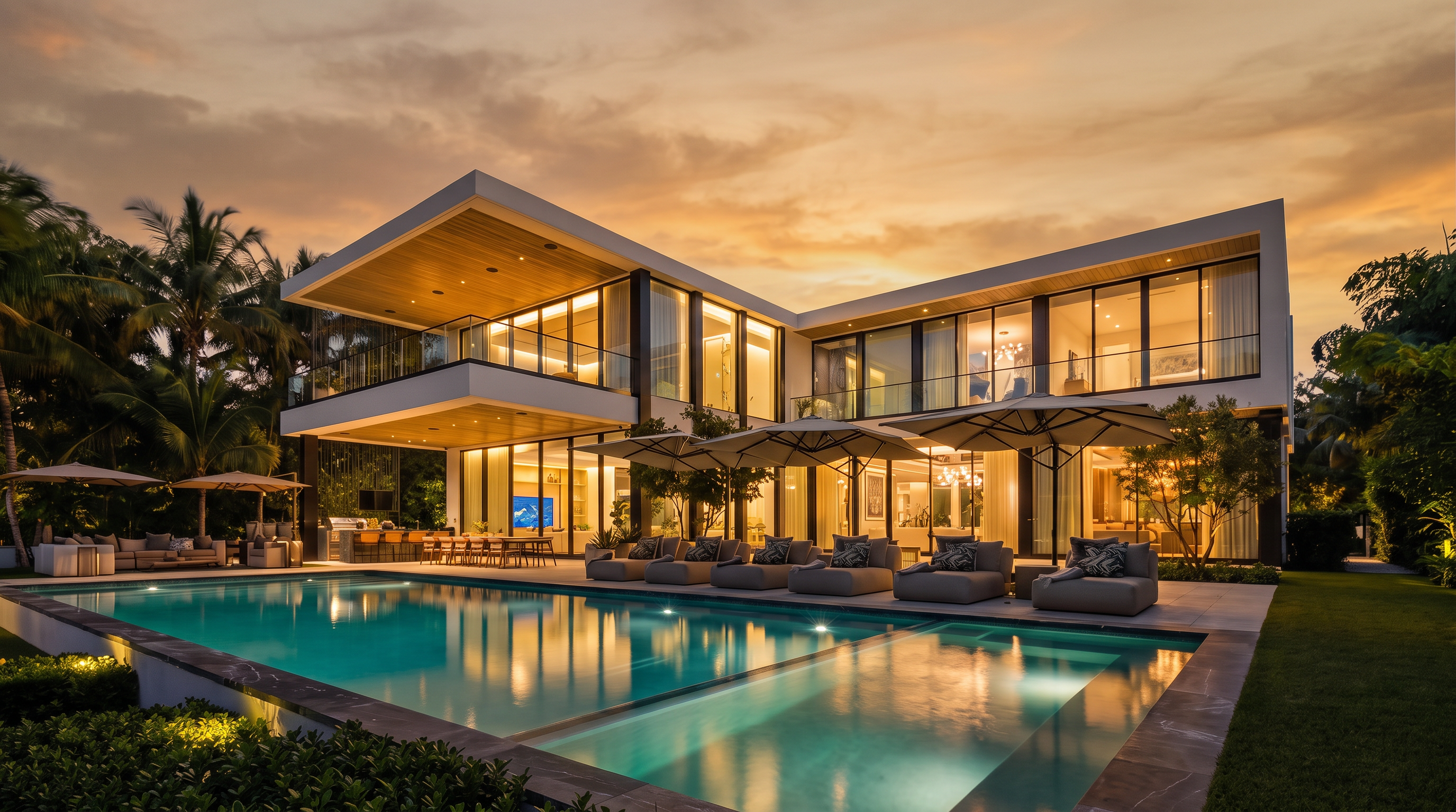 This stunning modern luxury residence is captured at twilight, showcasing a sprawling two-story architectural design with extensive glass walls that create a seamless indoor-outdoor flow. The property features a large, illuminated swimming pool lined with multiple lounge chairs and umbrellas, set against a backdrop of lush tropical landscaping. The warm interior lighting contrasts beautifully with the deep blue evening sky, highlighting the home's clean lines and sophisticated contemporary aesthetic.